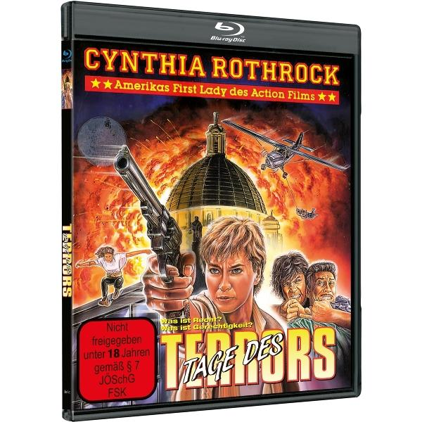Blu-ray-Cover: Cynthia Rothrock in Aktion, mit einer Waffe. Explosionen, ein Flugzeug und der Titel 'Tage des Terrors' sind zu sehen.