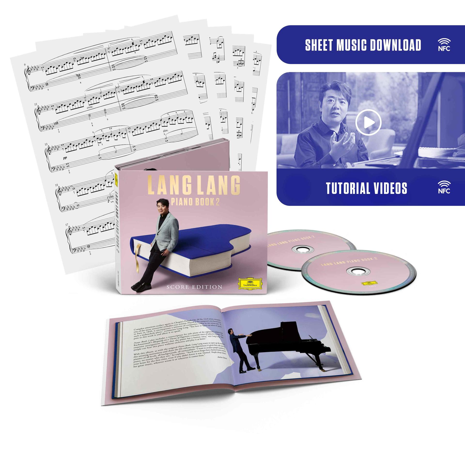 Das Bild zeigt Lang Langs Piano Book 2, Noten, CDs und Tutorial-Videos. Das Cover zeigt Lang Lang und ein Klavier.