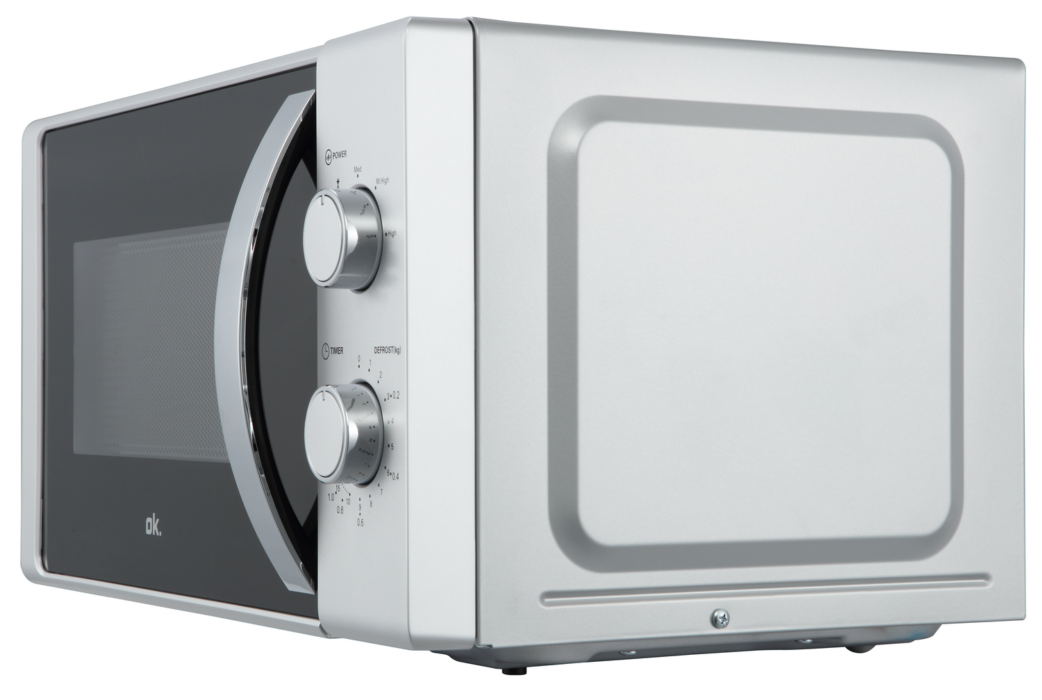 Un horno microondas plateado con puerta de vidrio negro se muestra. Tiene perillas de control para potencia, temporizador y descongelación. La marca es 'ok'.