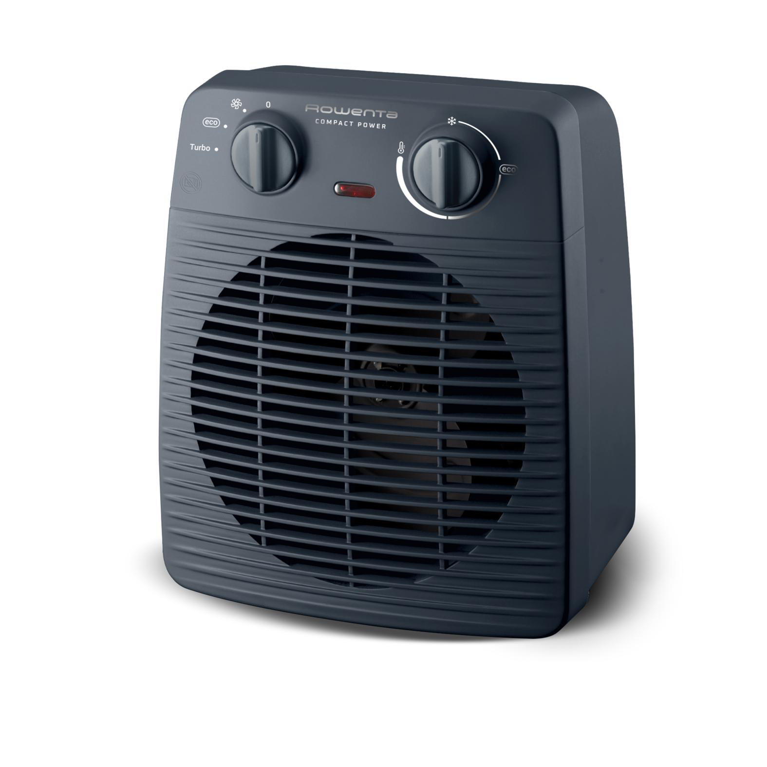 Ein blauer Rowenta Compact Power Heizlüfter. Er hat Drehregler und ein Gitter. Der Hintergrund ist weiß.