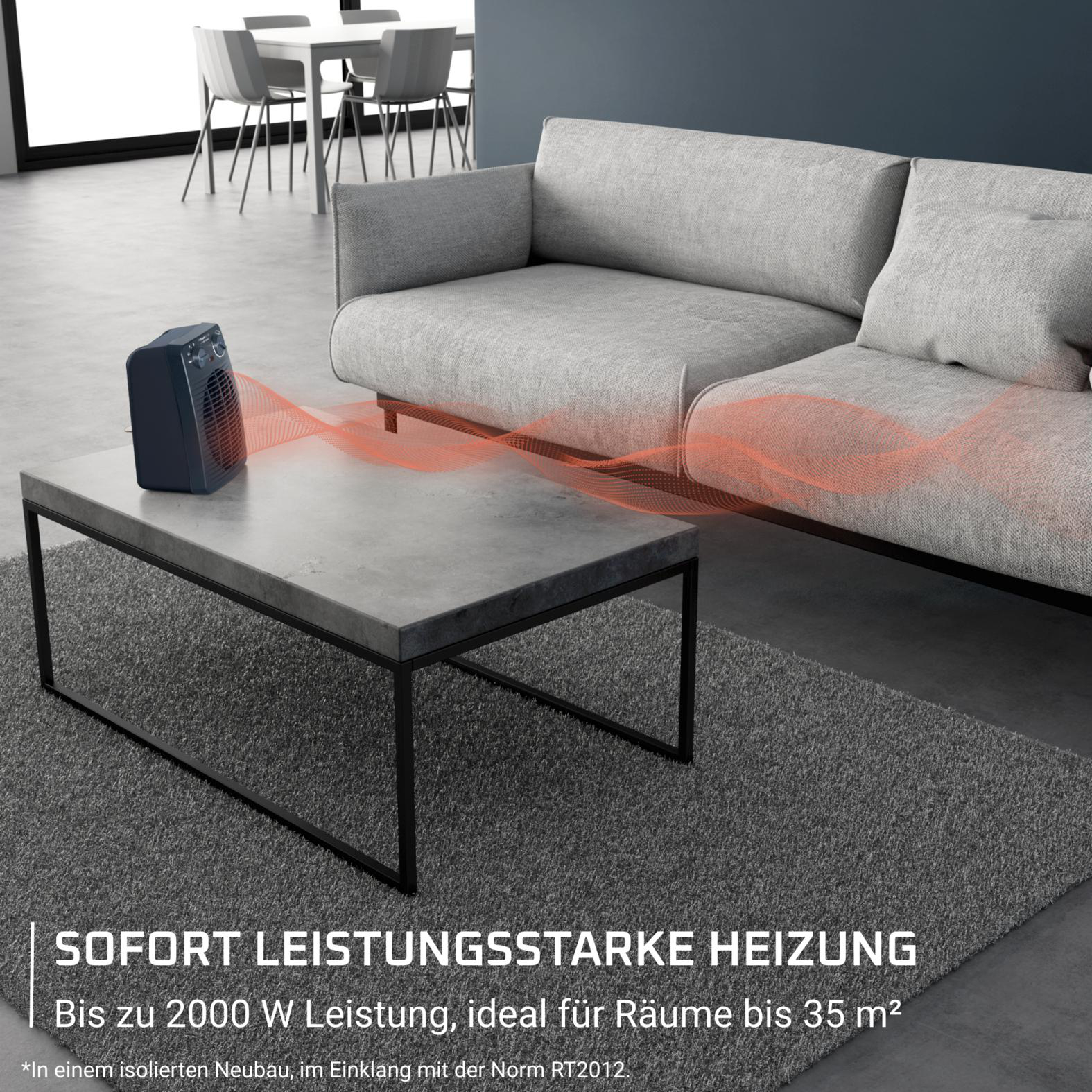 Ein Heizgerät auf einem Tisch strahlt Wärmewellen auf ein graues Sofa aus. Im Hintergrund ein Esszimmer-Set. Text unten.