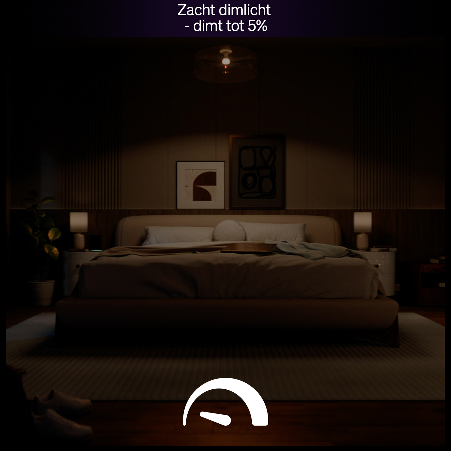 A dimly lit bedroom with a bed, nightstands, art, and a pendant light. A dial icon at the bottom indicates light adjustment.