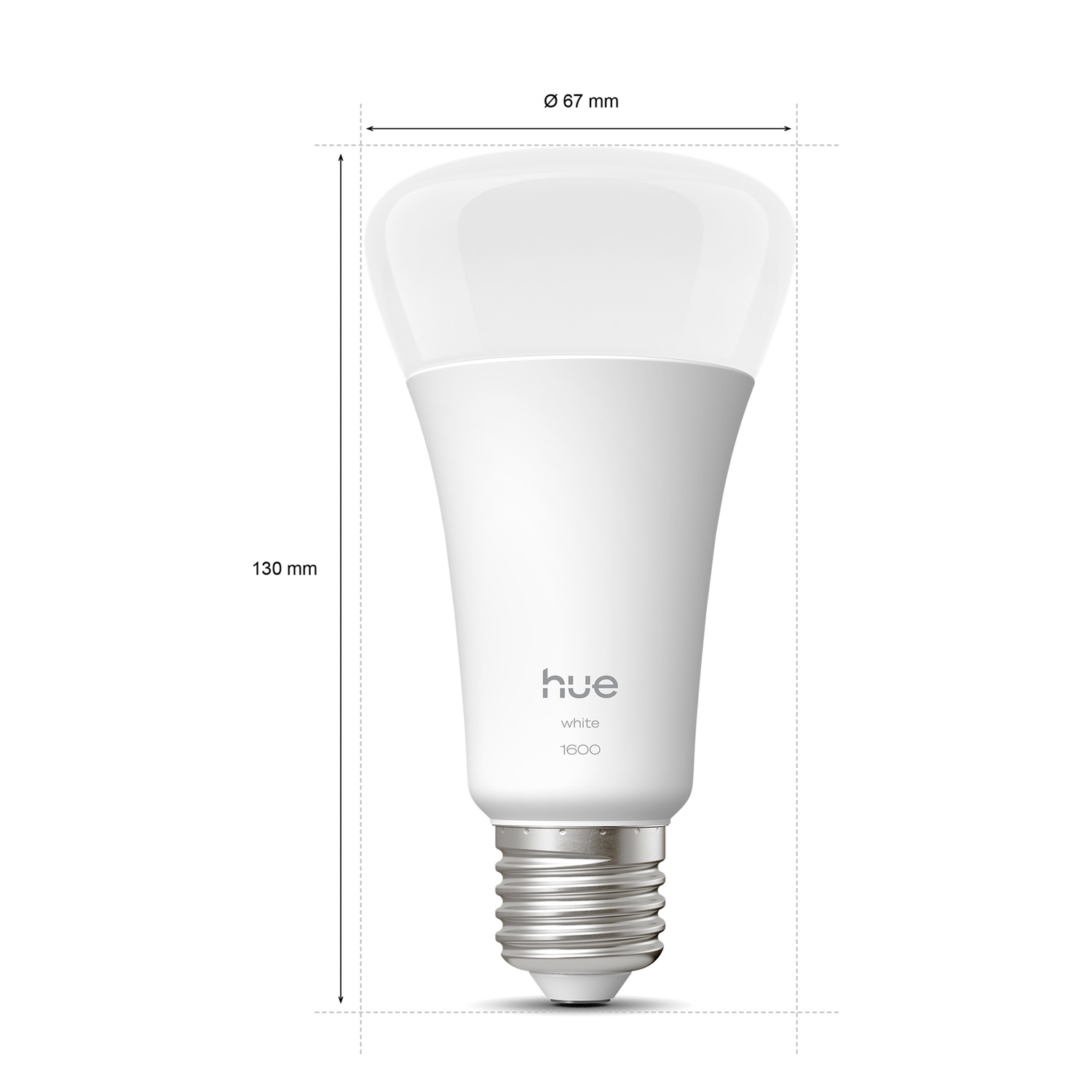 A white smart bulb with measurements. The bulb is labeled 'hue white 1600'. Dimensions: 130mm high, 67mm diameter.