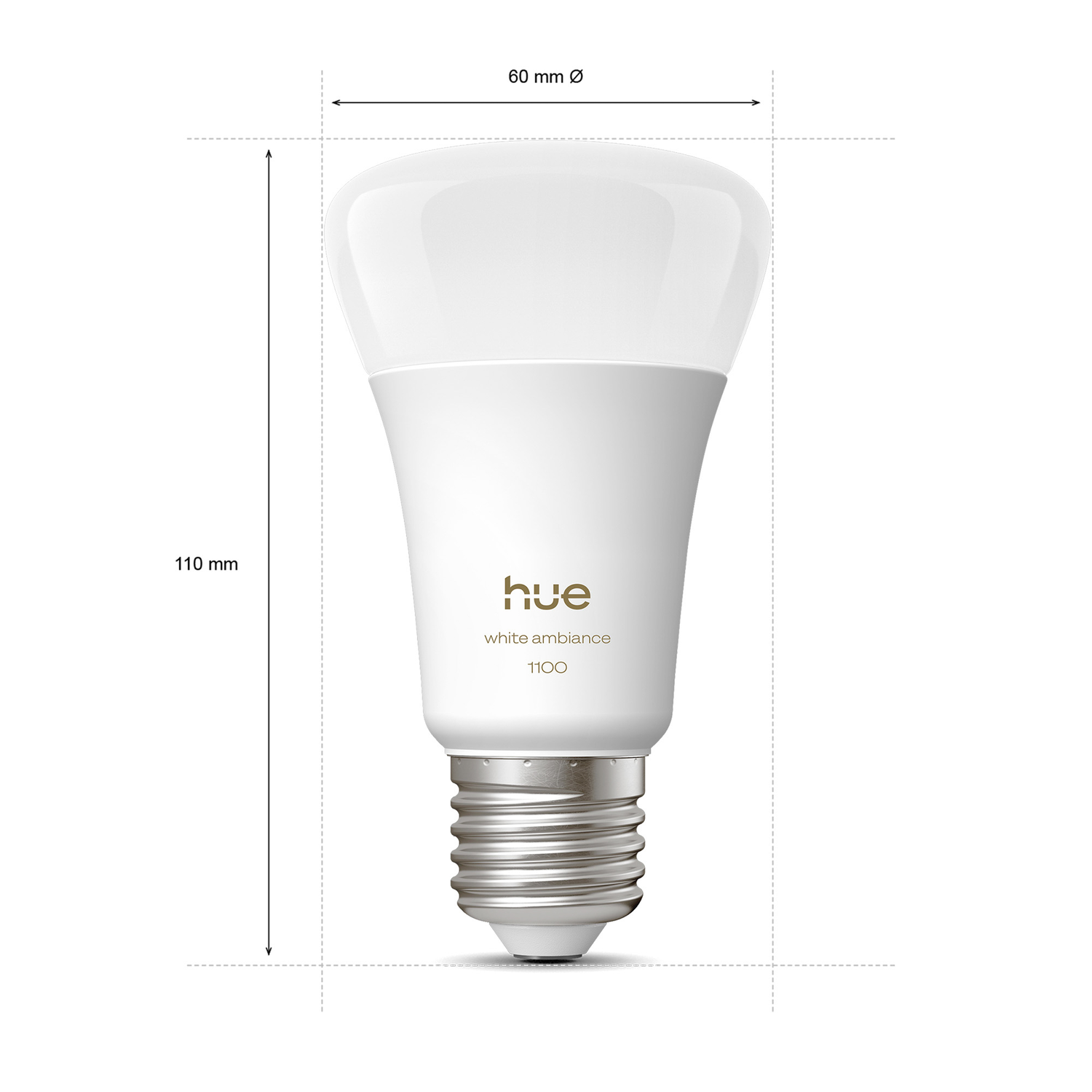 A white LED light bulb with 'hue' branding, white ambiance, and 1100. Dimensions: 110mm high, 60mm diameter.