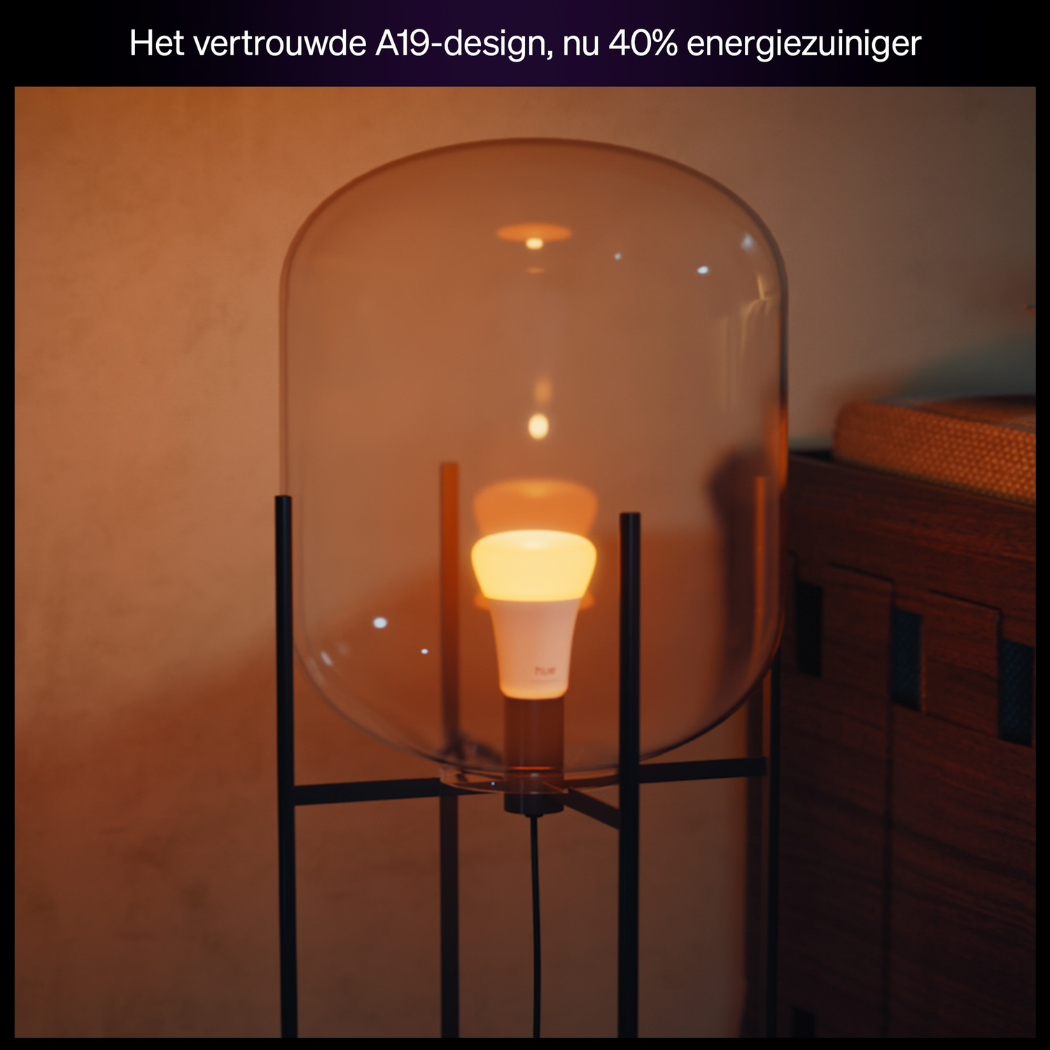 A lit bulb in a glass enclosure on a black metal stand. The background shows wooden furniture and a warm-colored wall.