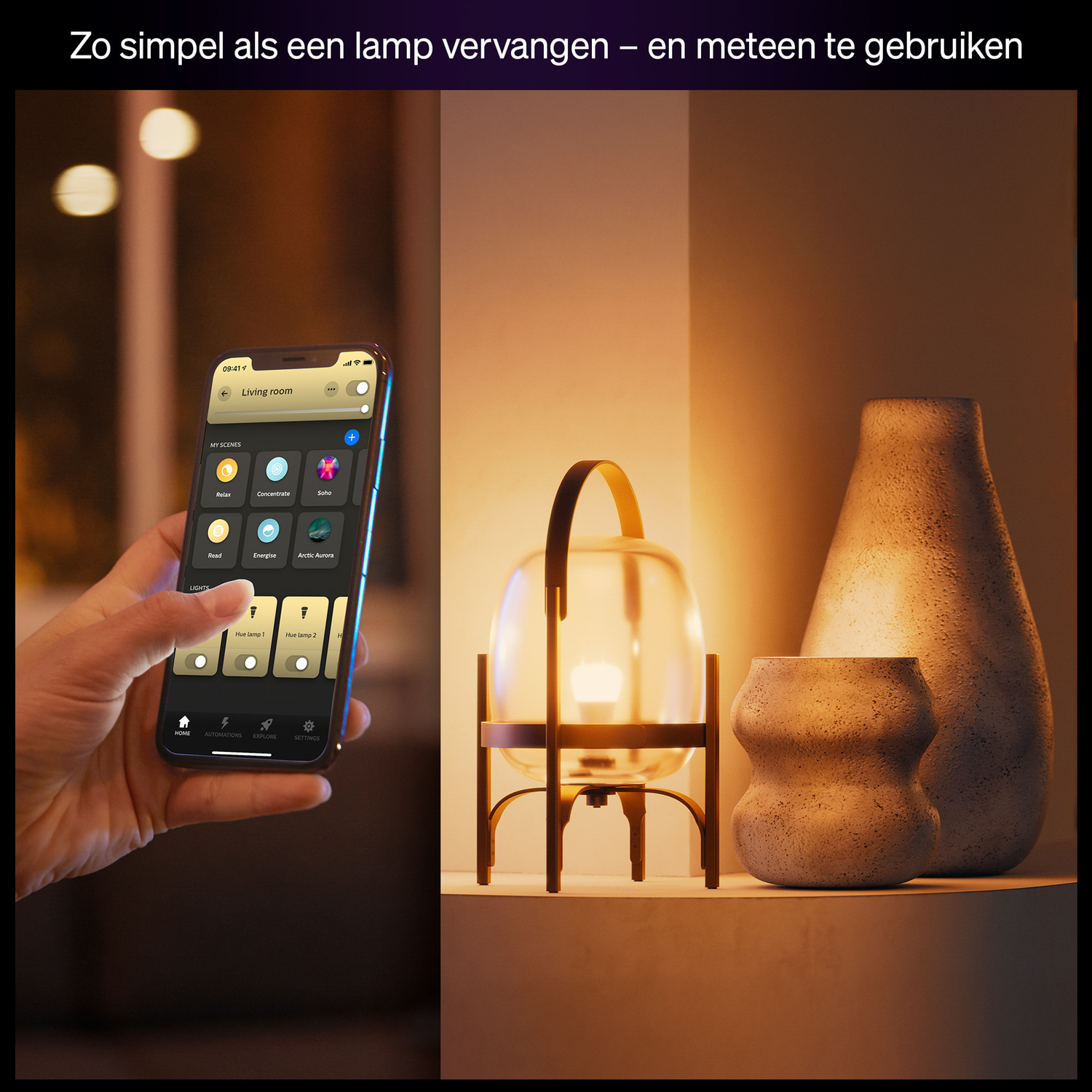 A hand holds a phone controlling lights. A lamp and two vases sit on a shelf. The scene suggests smart home lighting.