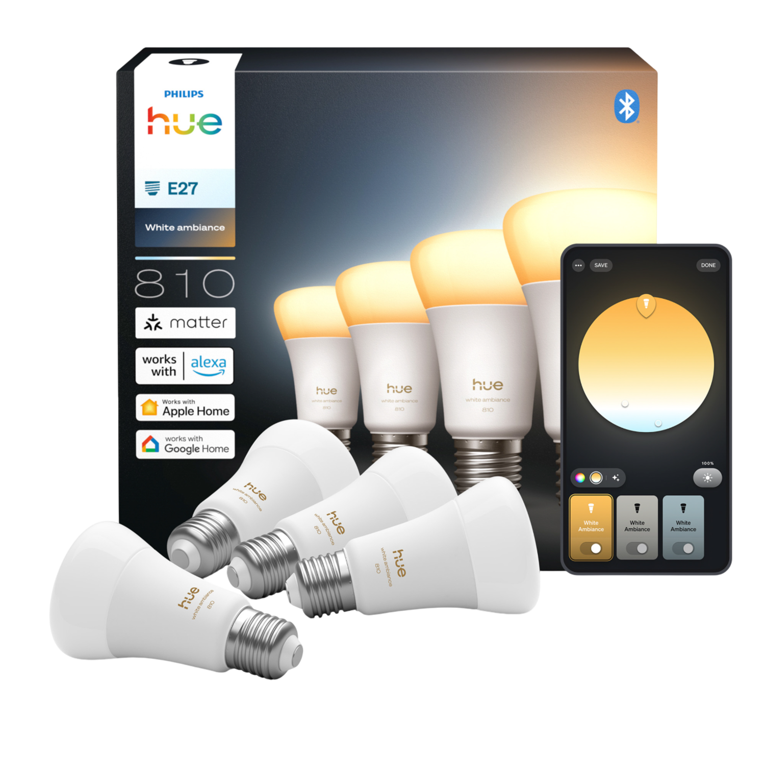 Philips Hue Led A60 Warm Tot Koelwit Licht E27 Fitting 4-pack Slimme Ledlamp Wit
