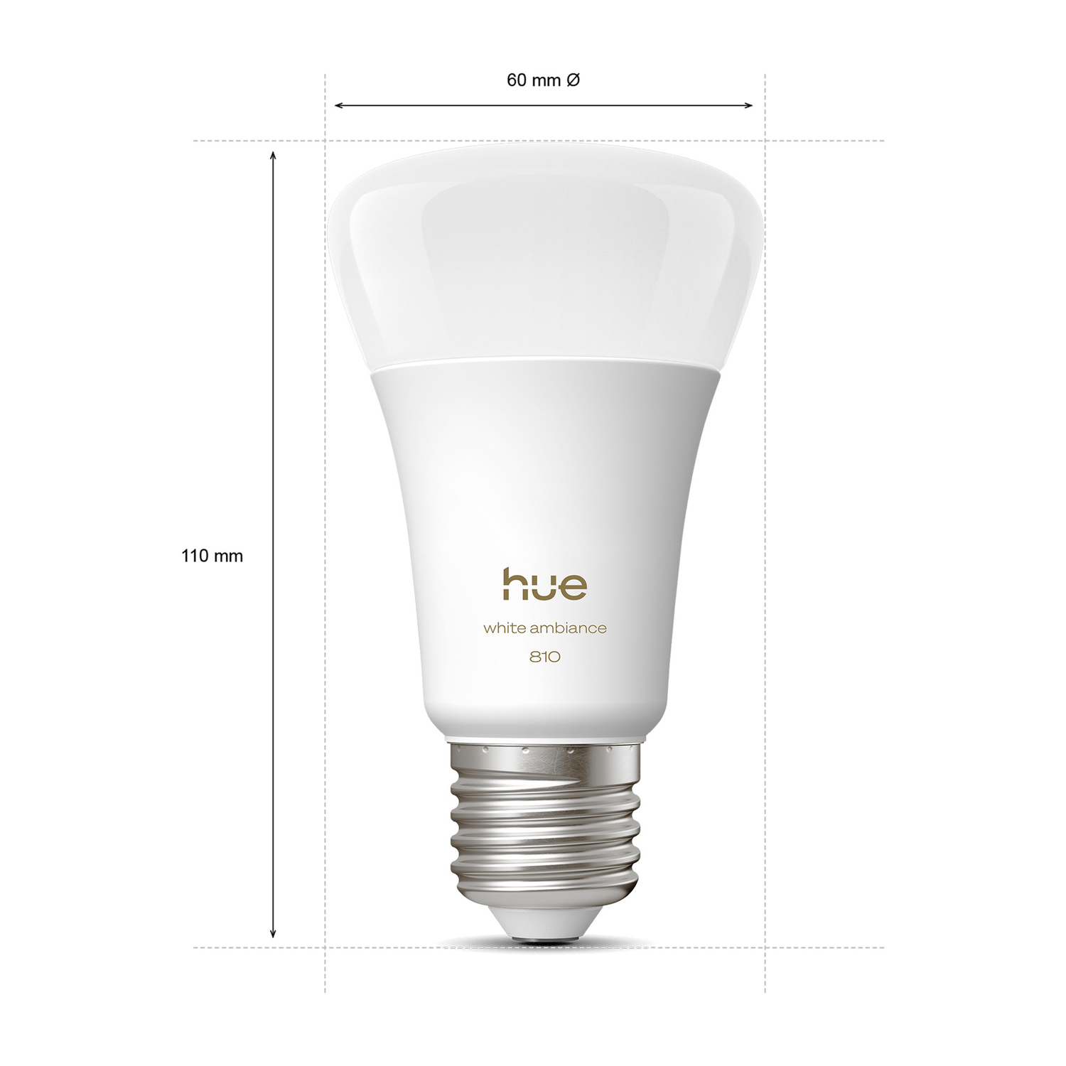 A white Philips Hue smart lightbulb with dimensions and markings. It has a rounded top and a metallic screw base.