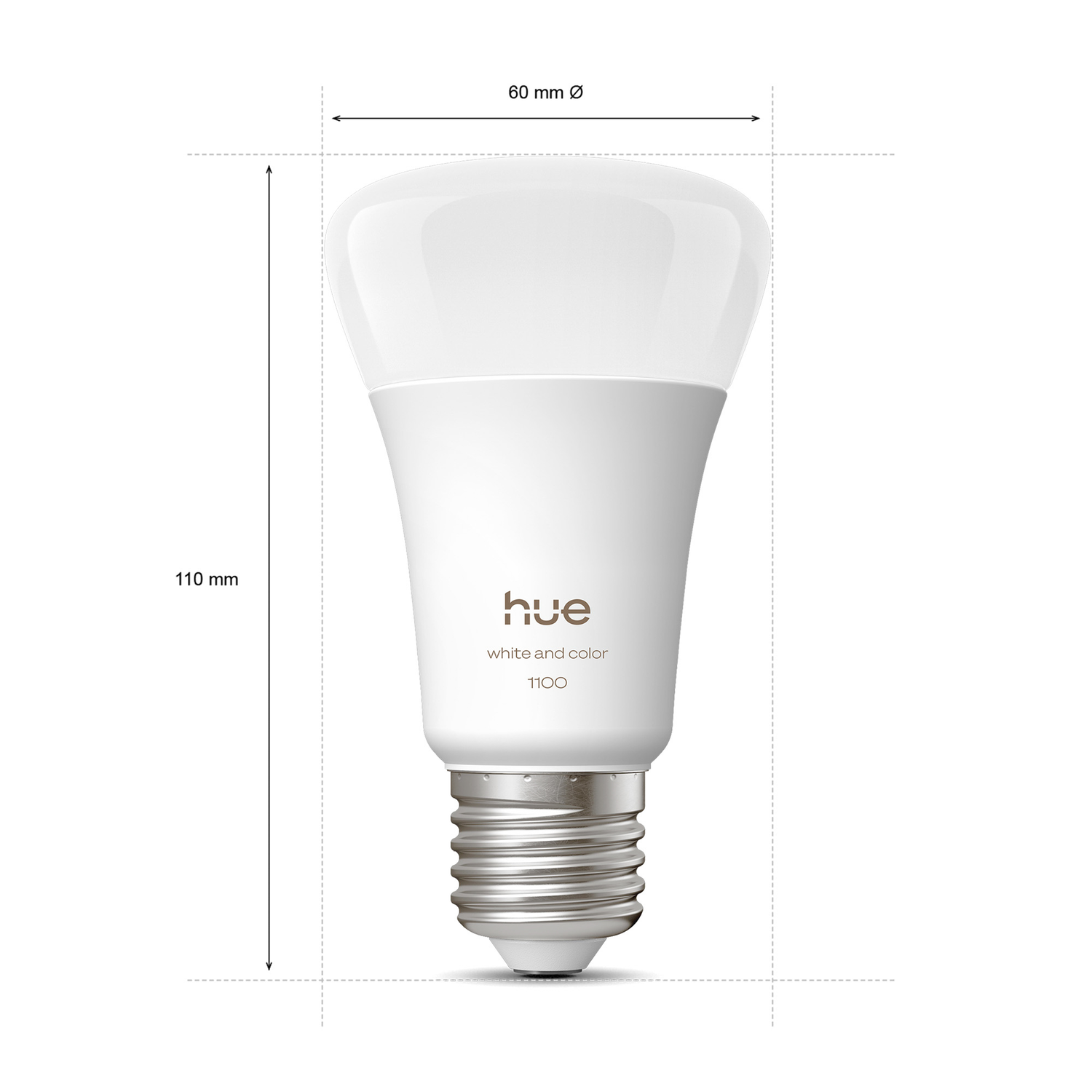 Une ampoule intelligente Hue blanche avec dimensions. Elle a un bulbe blanc, une base blanche avec le logo Hue et un culot argenté.
