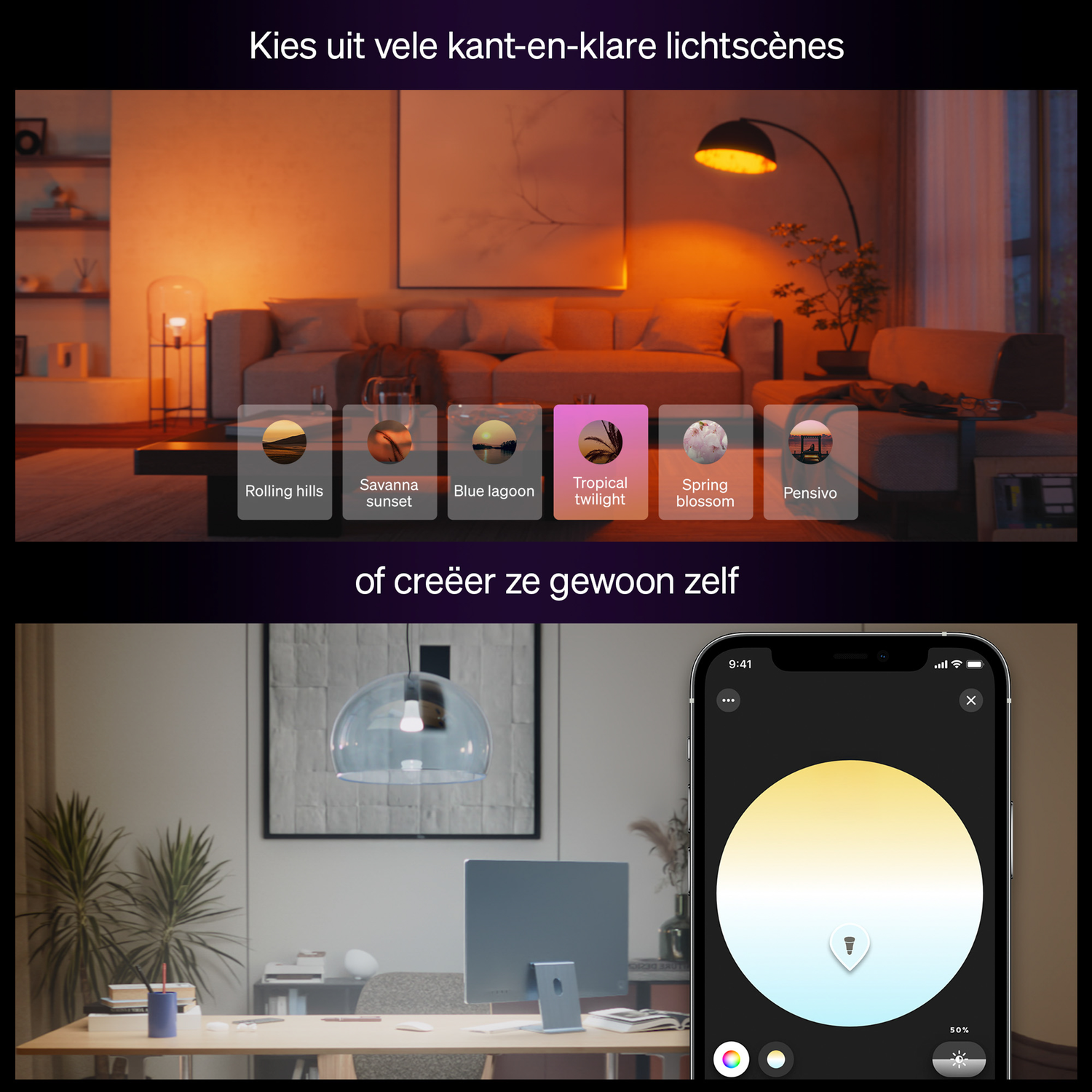 An image shows lighting scenes with options like 'Rolling hills' and an interface to adjust colors on a phone.