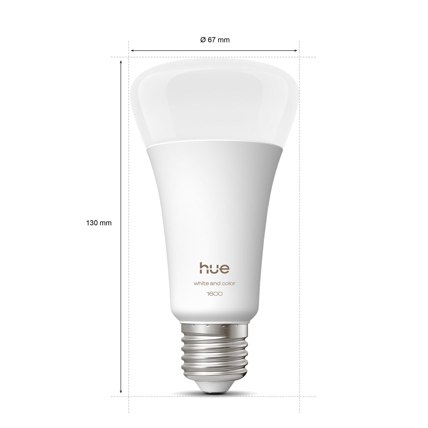 A white Hue smart lightbulb with dimensions: 130mm height, 67mm diameter. It has a metal base and the text 'hue white and color 1600'.