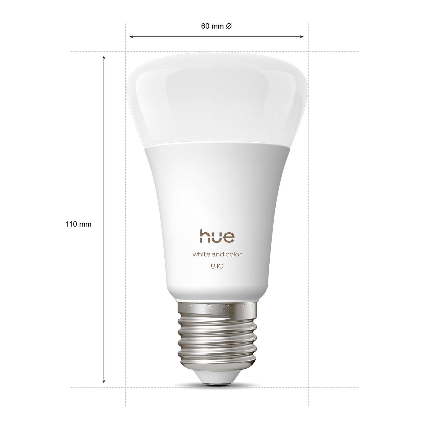 A white LED light bulb with silver base, labeled 'hue white and color 810'. Dimensions: 110mm x 60mm.
