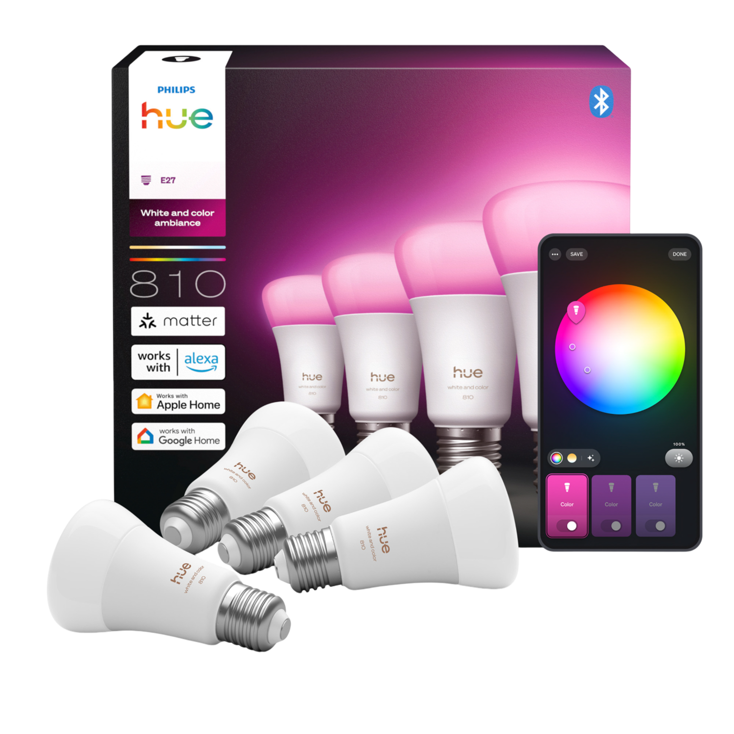 Philips Hue Led A60 Wit En Gekleurd Licht E27 Fitting 4-pack Slimme Ledlamp