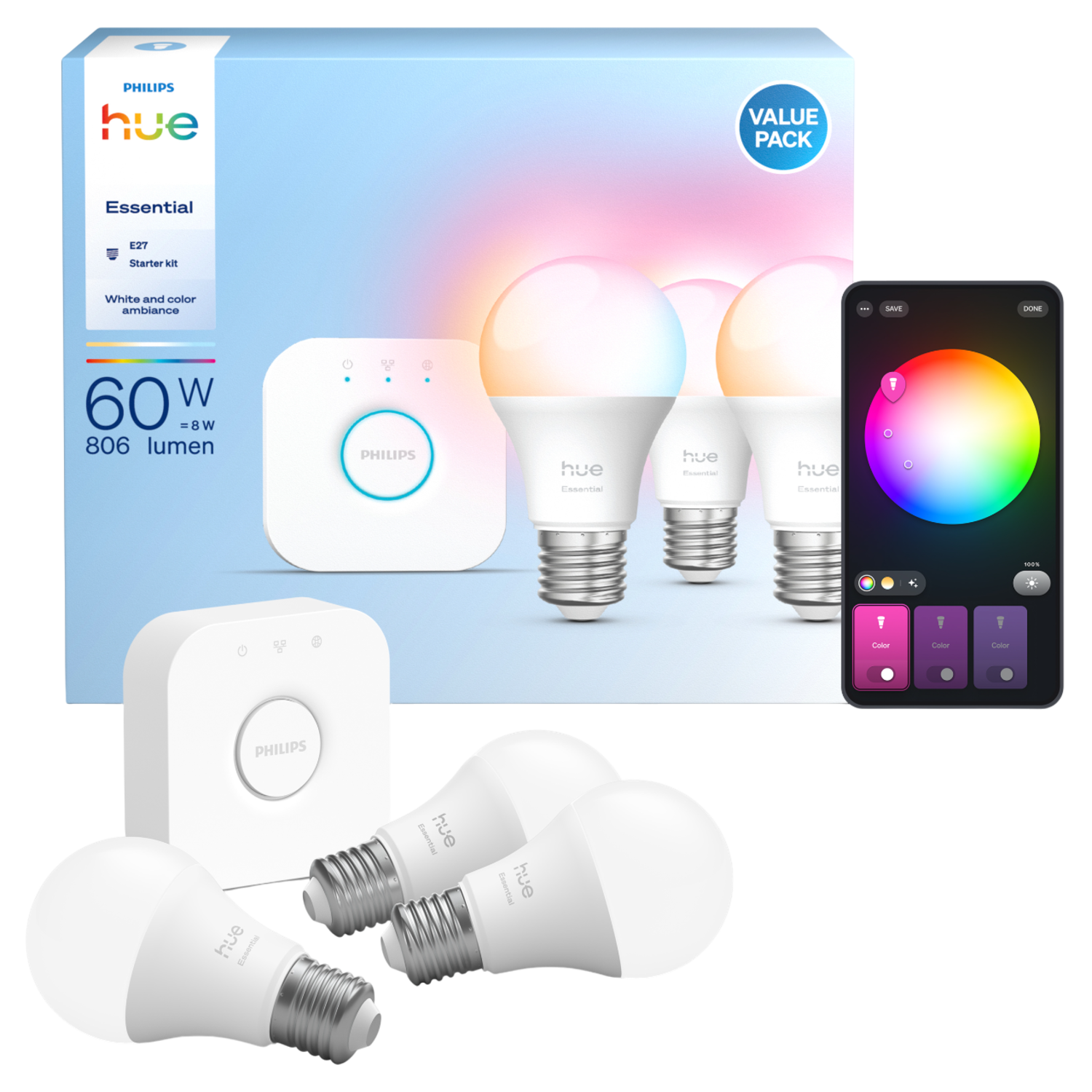 Philips Hue Essential startpakket. Inclusief lampen, een hub en een smartphone-interface voor kleur- en witte sfeerverlichting.