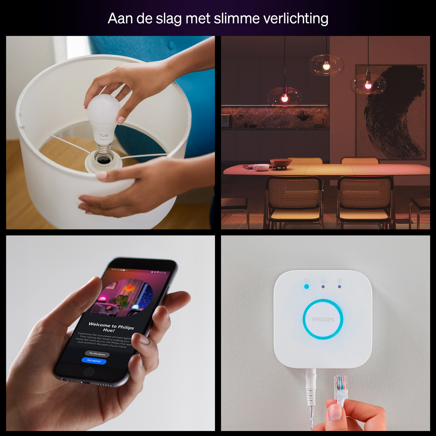 Afbeelding met slimme verlichtingsscènes. Toont een persoon die een gloeilamp installeert, interieur met kleurrijke lichten, telefoon en Philips Hue bridge.