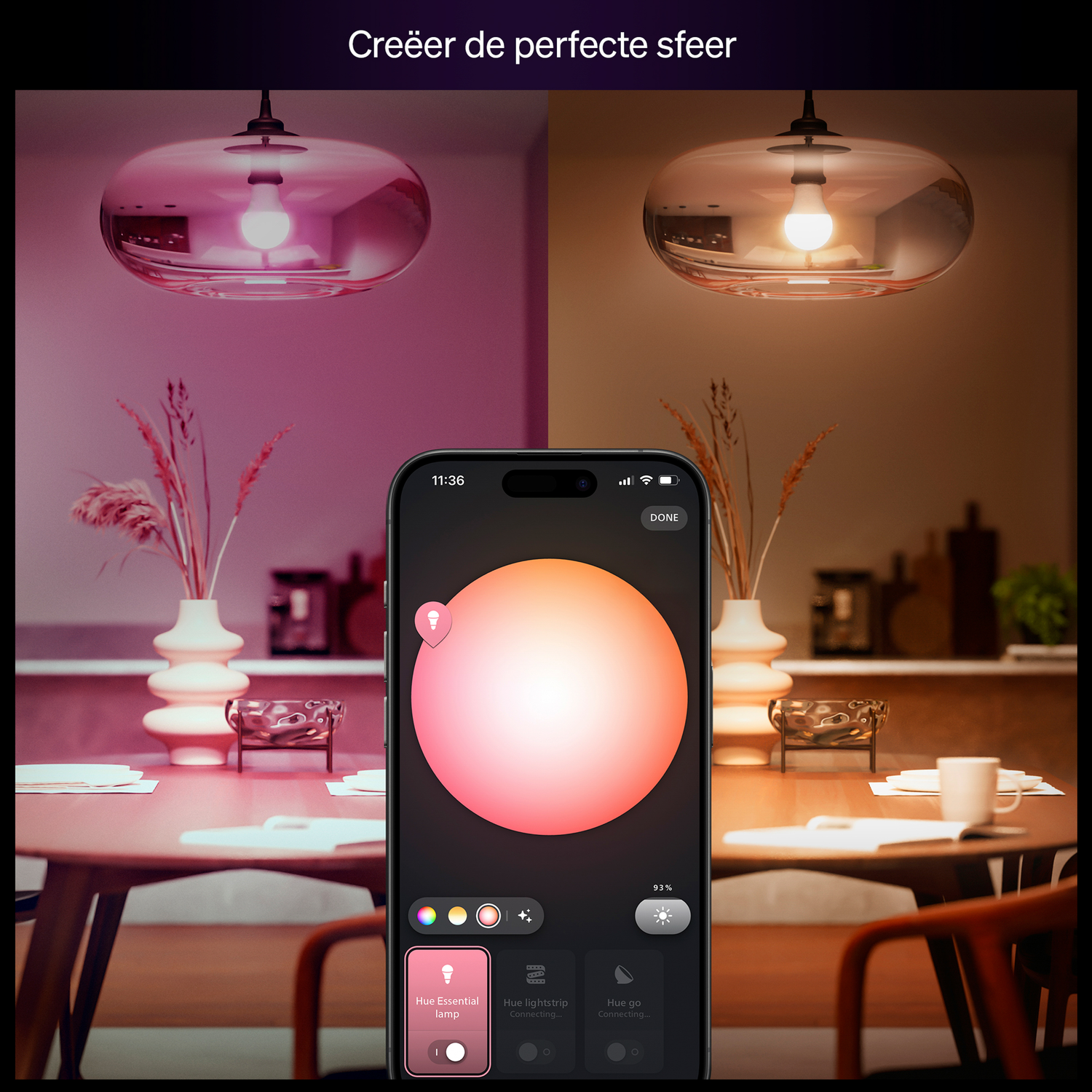 Een smartphone toont een lichtbedieningsapp. Plafondlampen verlichten een eettafel. De kamer is in twee helften verdeeld met verschillende kleuren.