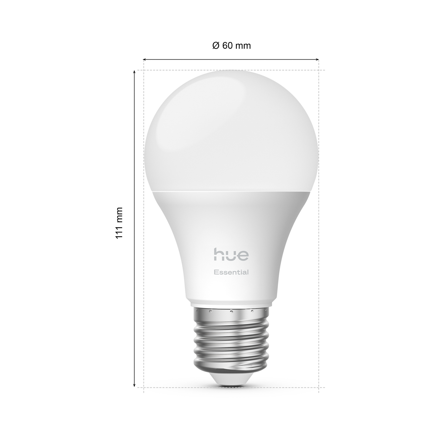 Een witte LED-lamp met een zilveren voet. Afmetingen: 60 mm diameter en 111 mm hoogte. Het merk "hue" is zichtbaar.