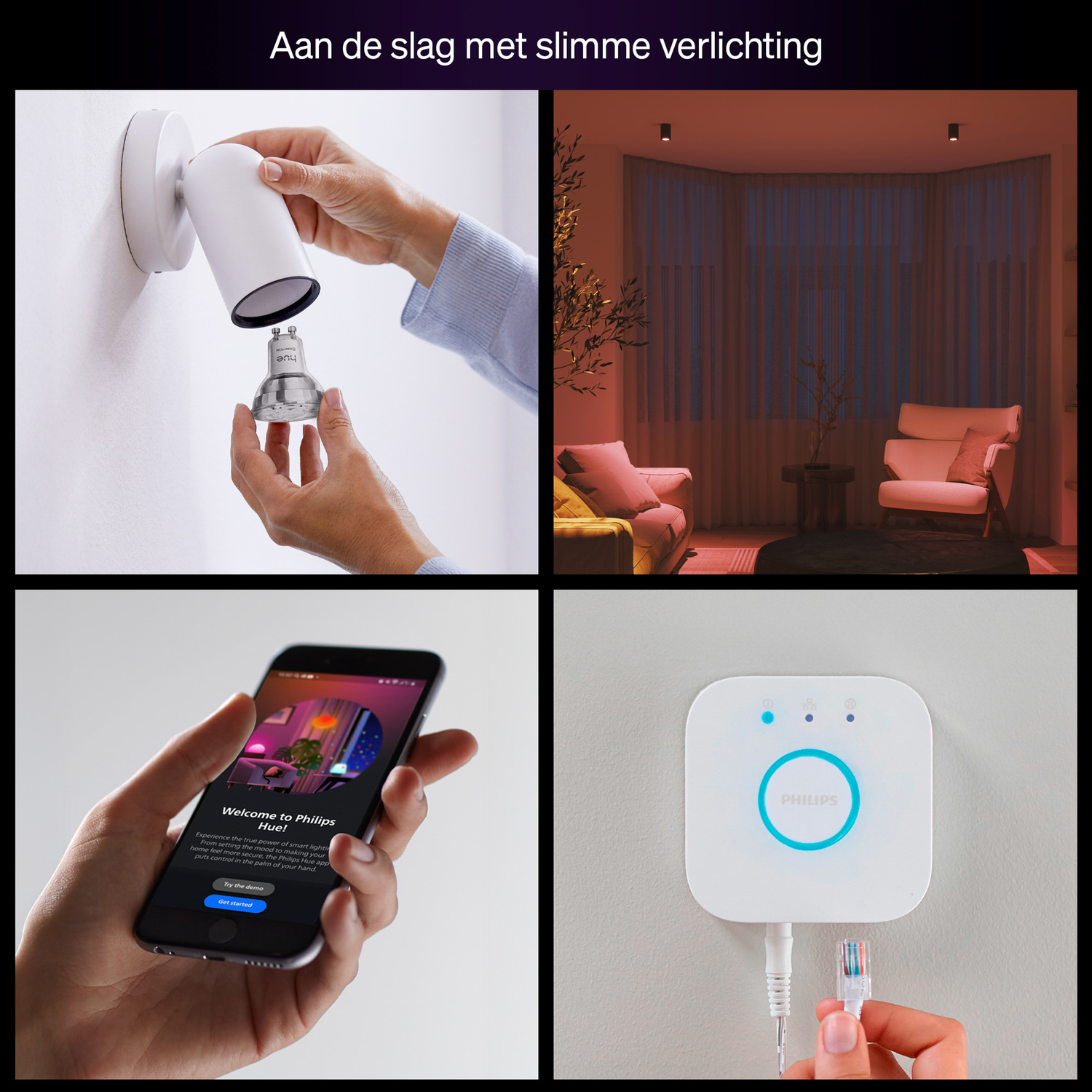 Hands installing a smart bulb, a room with smart lighting, a phone with Philips Hue app, and a white Philips Hue bridge.