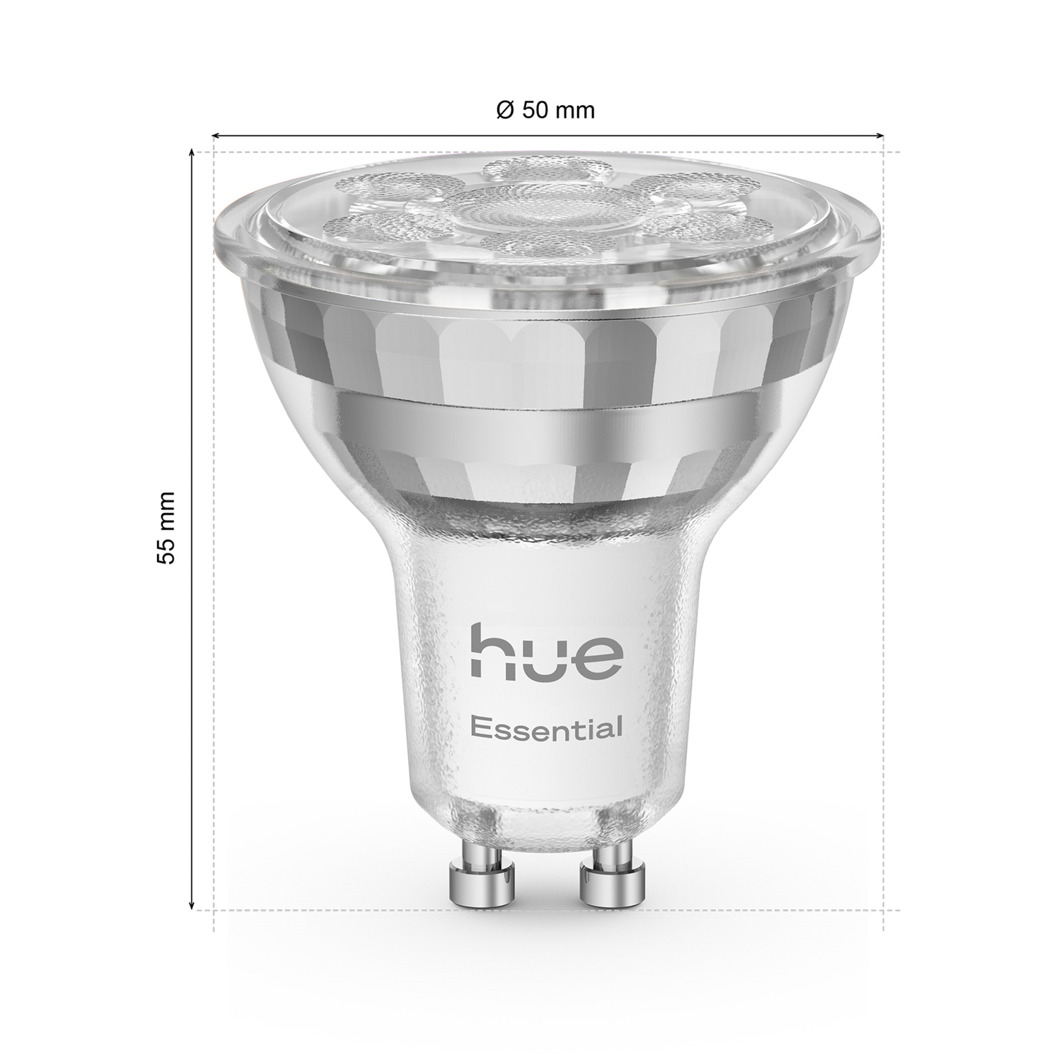 A silver and clear LED lightbulb with the "hue Essential" logo. Dimensions are labeled: 50mm diameter, 55mm height.