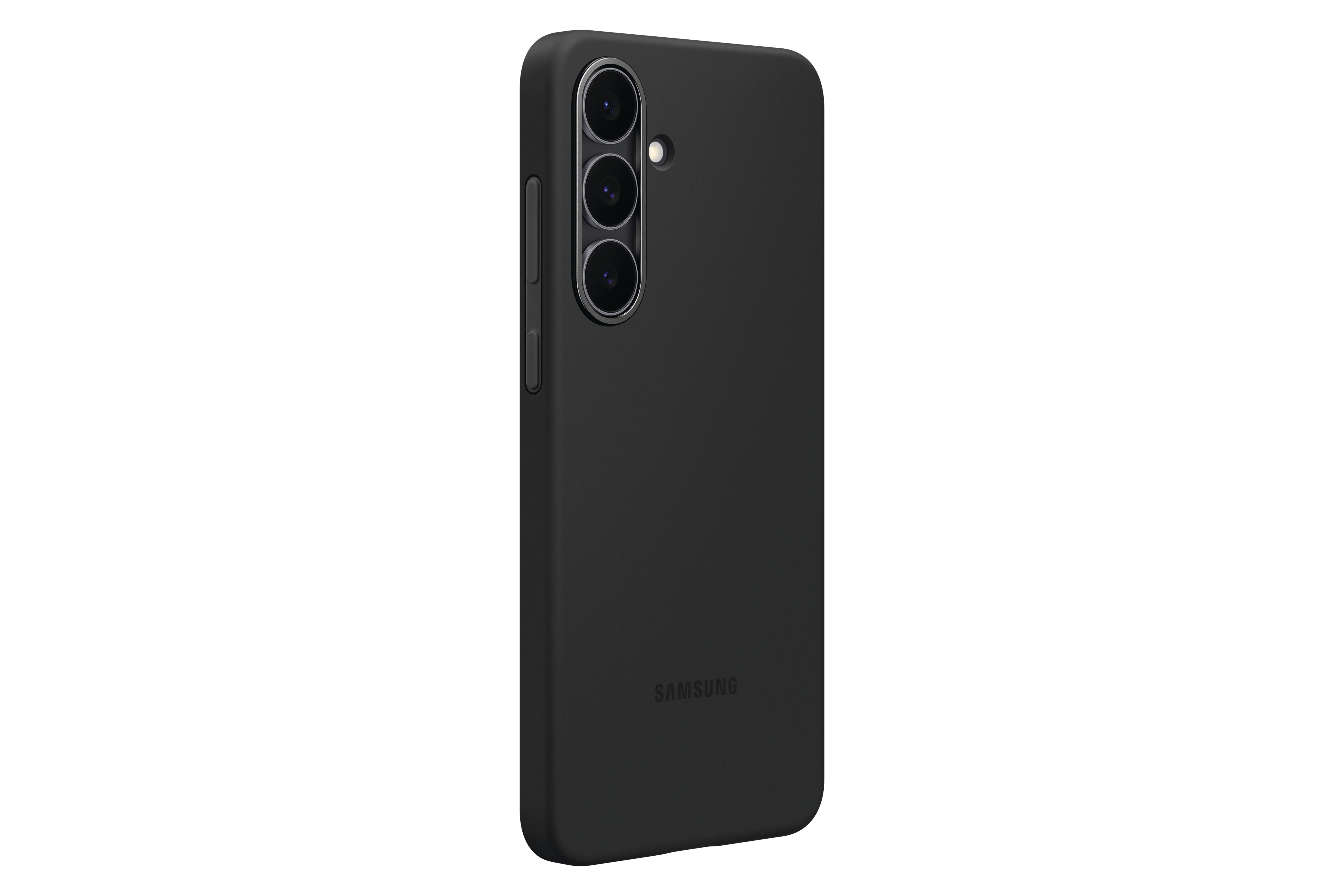 Ein schwarzes Samsung-Telefon in einer schwarzen Hülle. Das Telefon hat drei Kameras und ein Samsung-Logo.