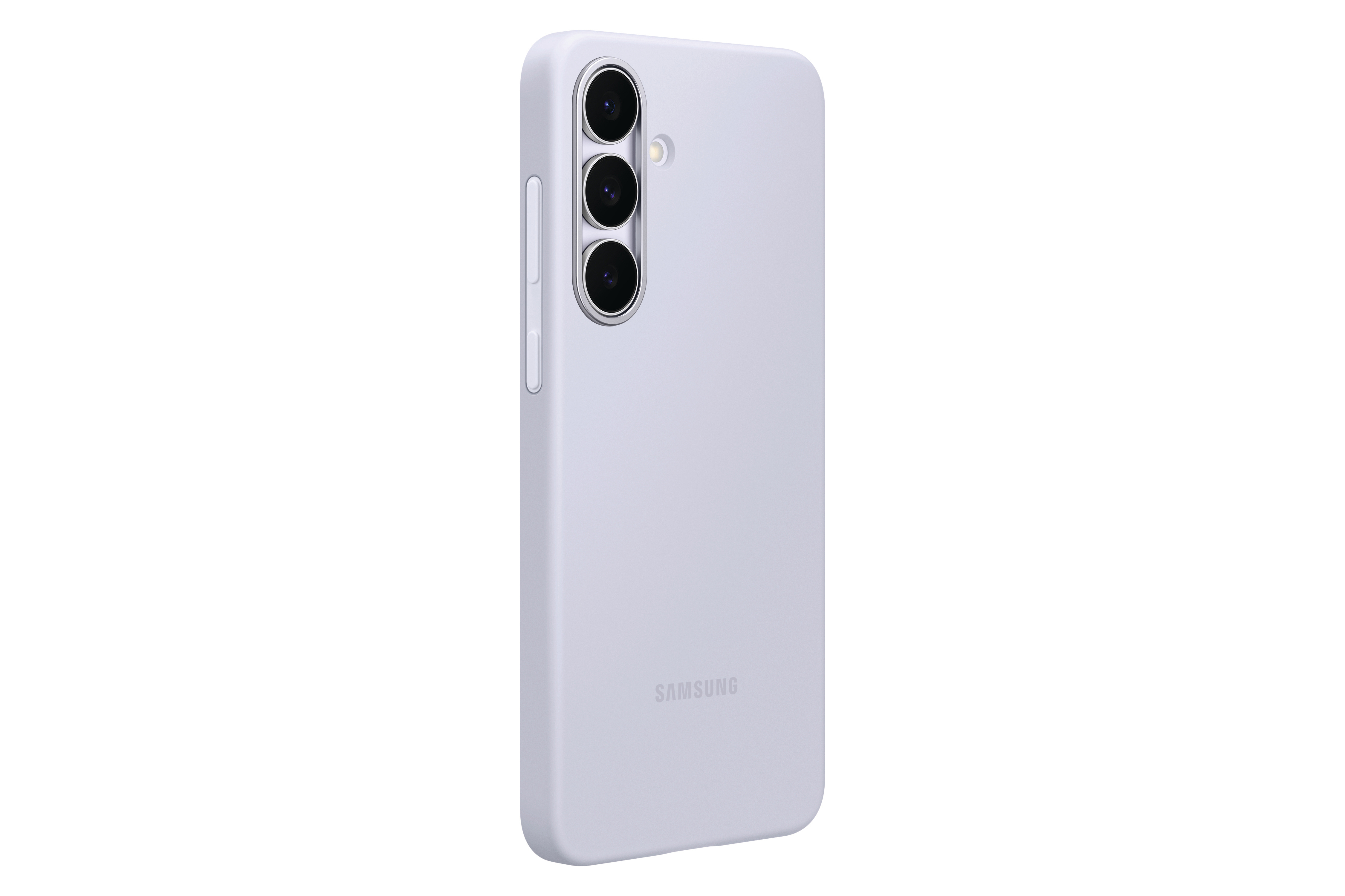 Eine hellviolette Samsung-Handyhülle. Sie hat drei Kameralinsen und das Samsung-Logo.