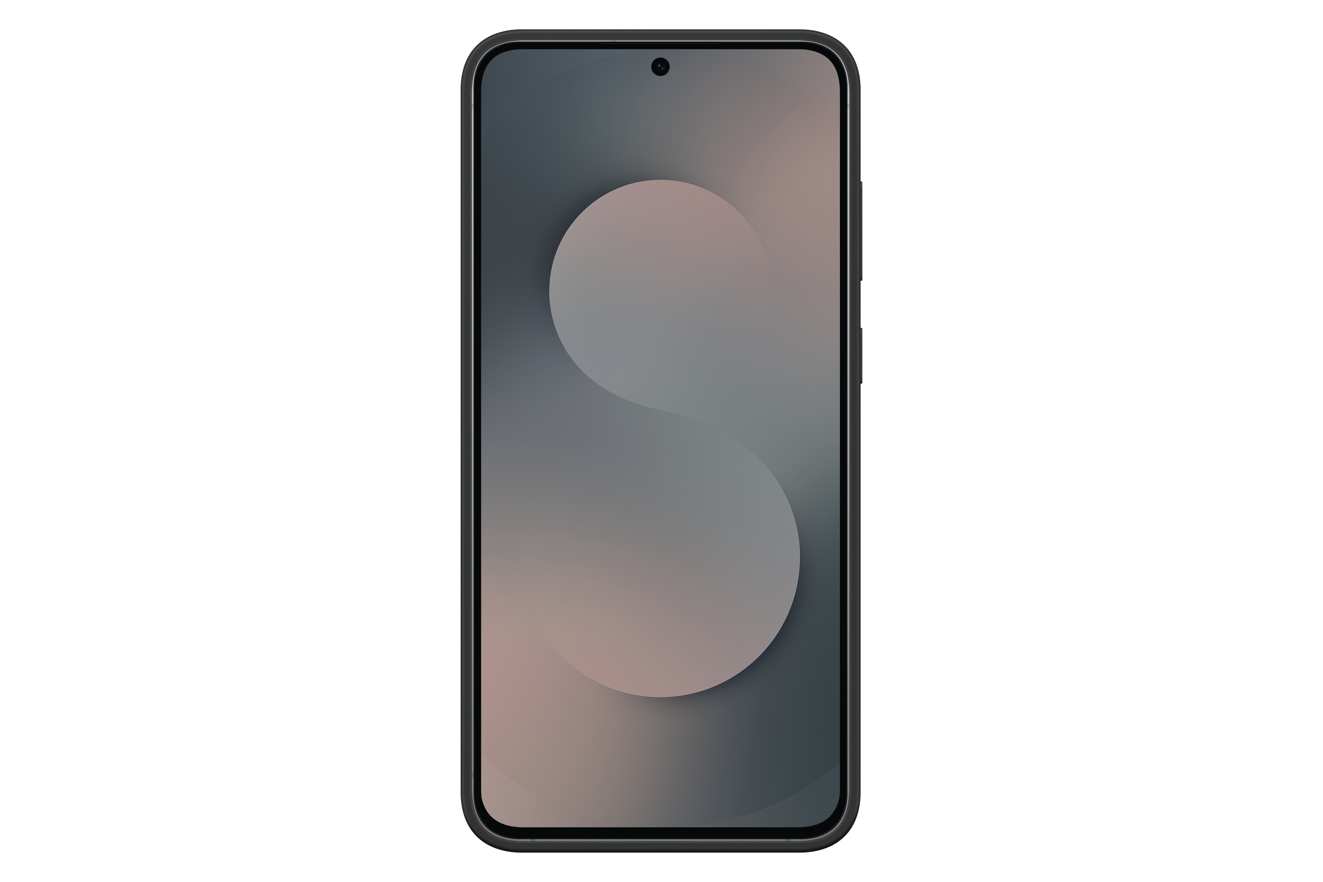 Ein Smartphone mit schwarzem Rahmen und einem Display, das einen Grau- und Roséverlauf zeigt. Der Hintergrund ist weiß.