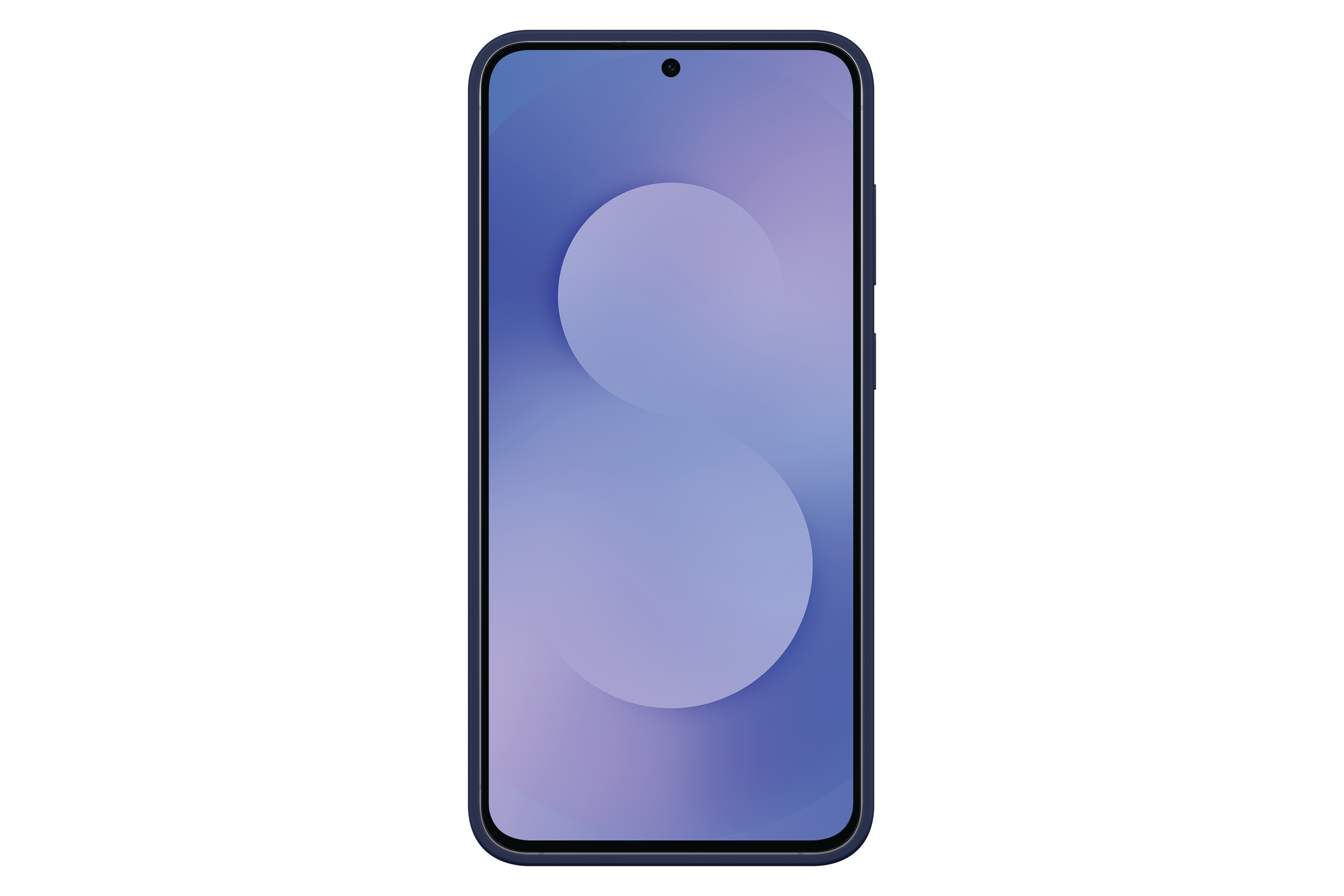 Ein Smartphone mit blauem Rahmen und lila Bildschirm. Der Bildschirm zeigt einen weißen Kreis auf einem Farbverlaufshintergrund.