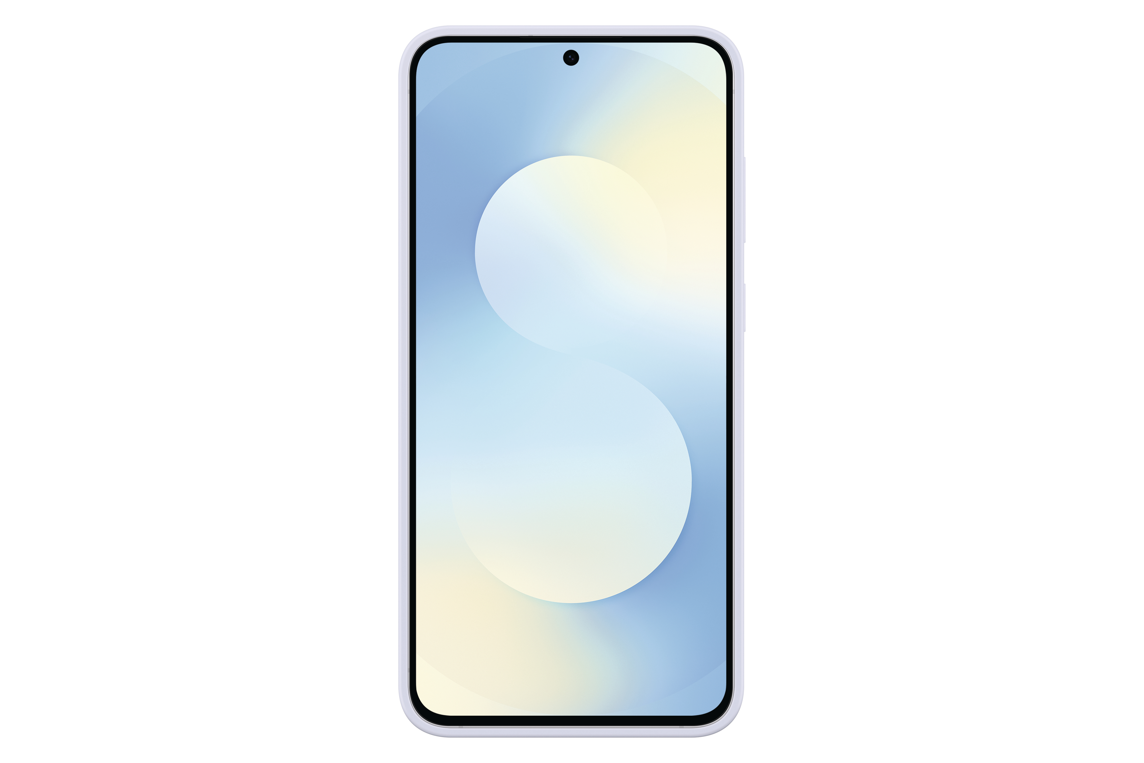 Ein Smartphone mit hellblauem Gehäuse und Display, das einen verschwommenen weiß-blauen Farbverlauf auf dem Bildschirm zeigt, vor weißem Hintergrund.