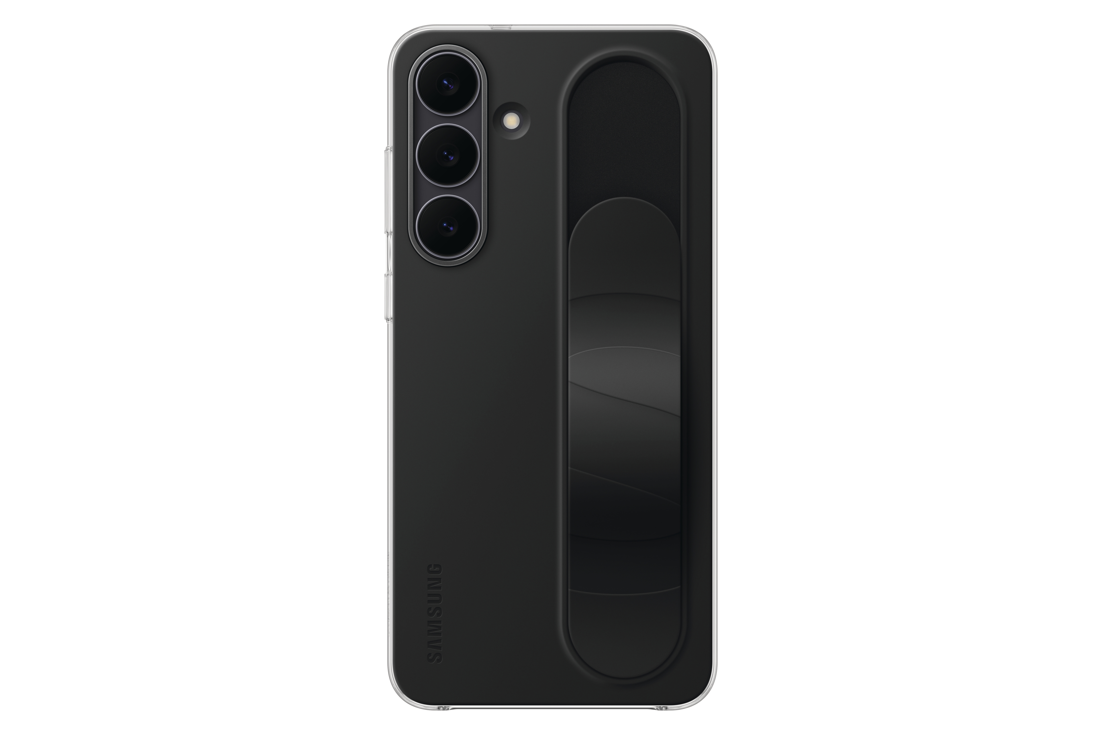 Eine schwarze Samsung-Handyhülle mit drei Kameralinsen und einem Griff auf der Rückseite. Die Hülle befindet sich auf weißem Hintergrund.