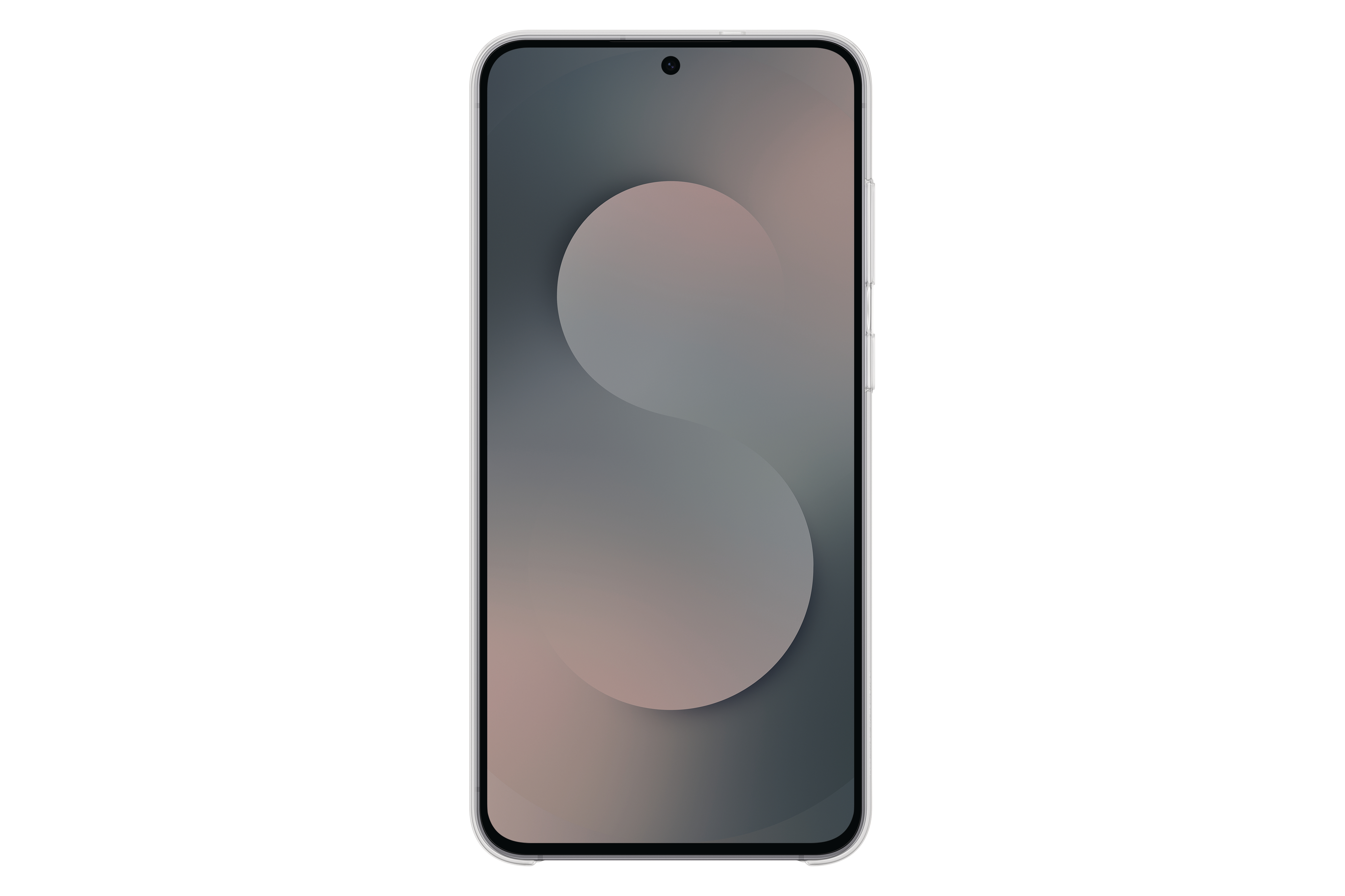 Ein Smartphone zeigt ein abstraktes Design aus überlappenden grauen und rosa Formen vor weißem Hintergrund.