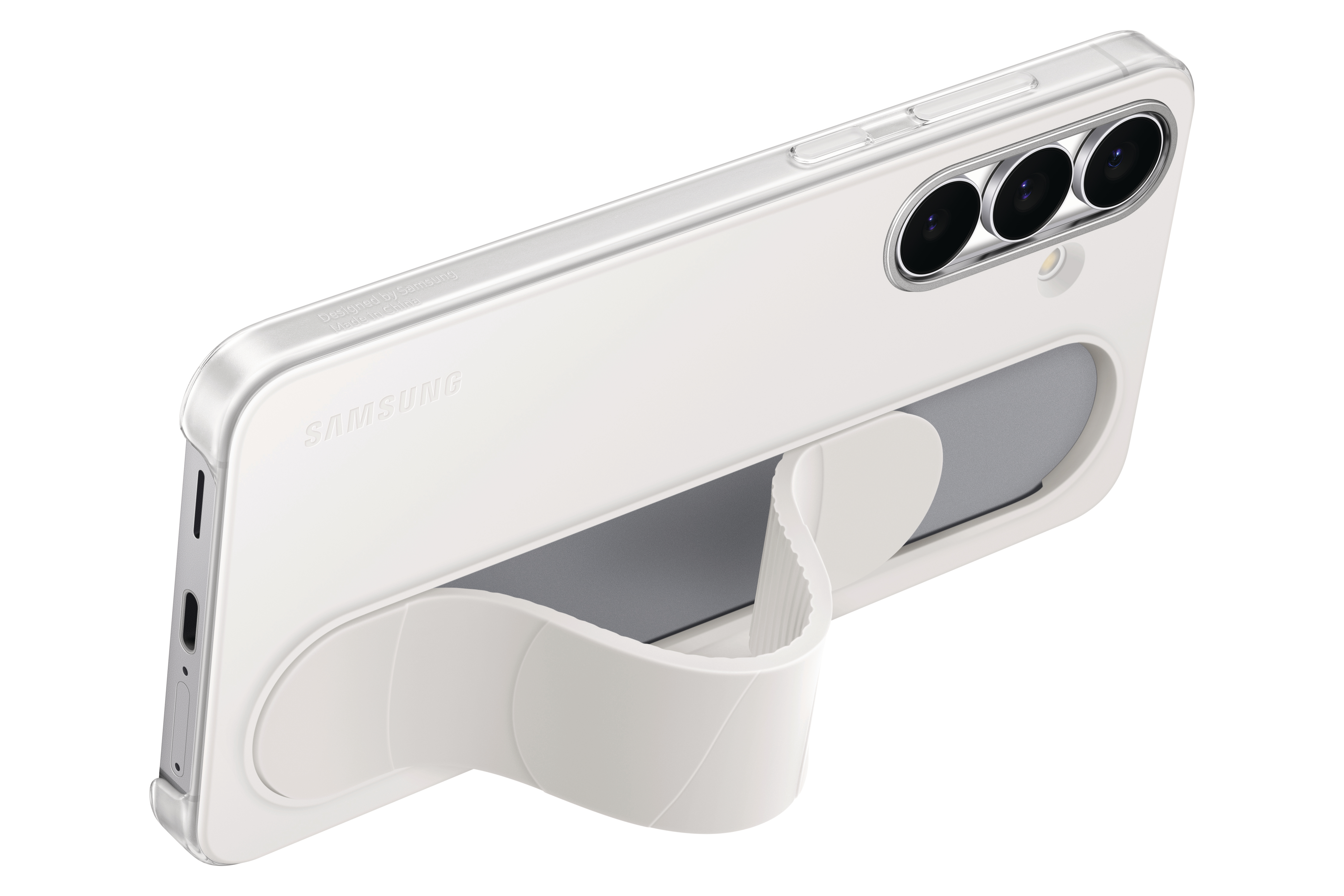 Weiße Handyhülle mit Halterung. Das Handy hat drei Kameralinsen. Die Hülle ist für Samsung konzipiert.