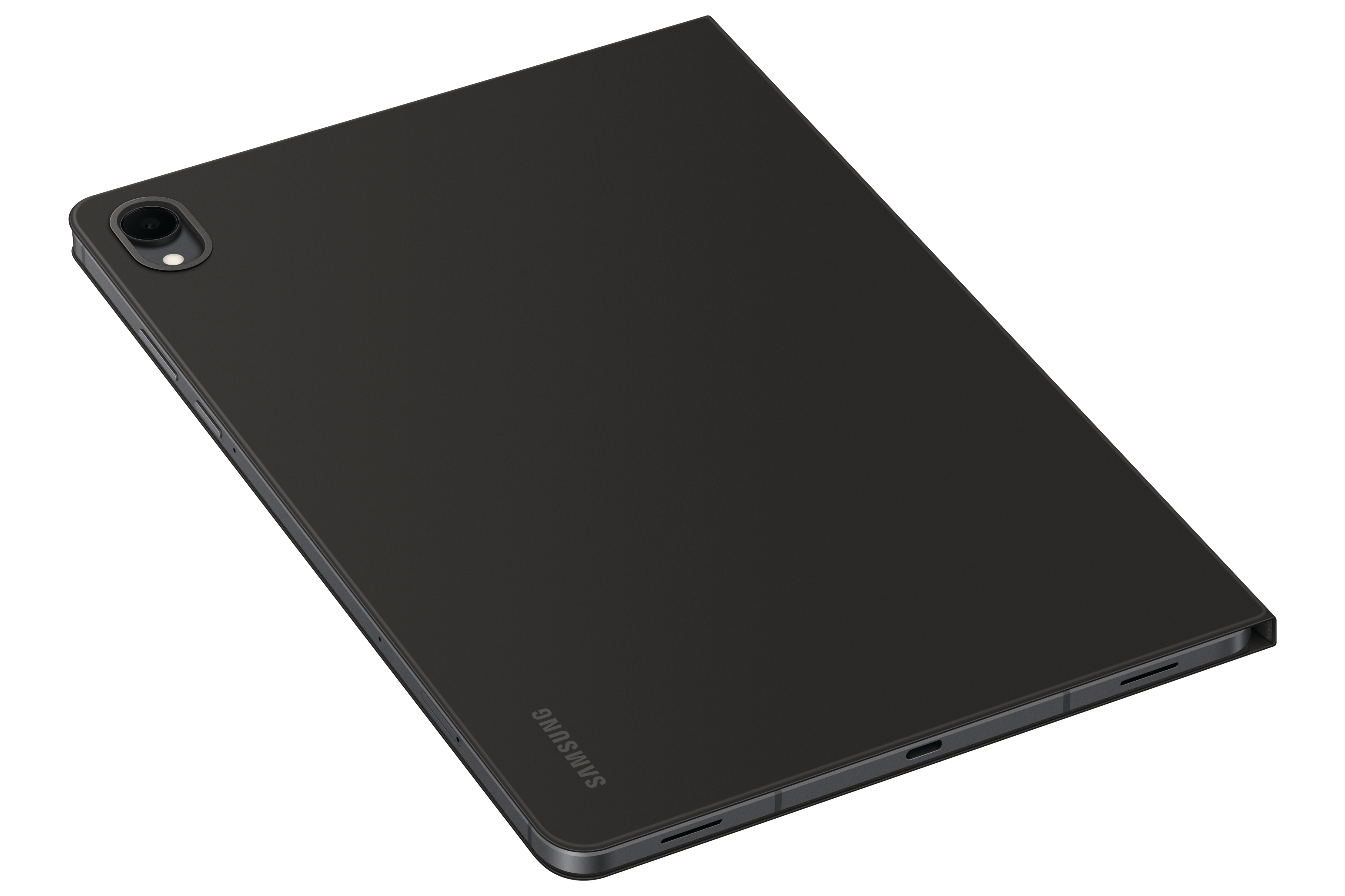 Schwarzes Samsung-Tablet auf weißem Hintergrund. Das Tablet ist abgewinkelt und zeigt die Rückkamera und das Samsung-Logo.