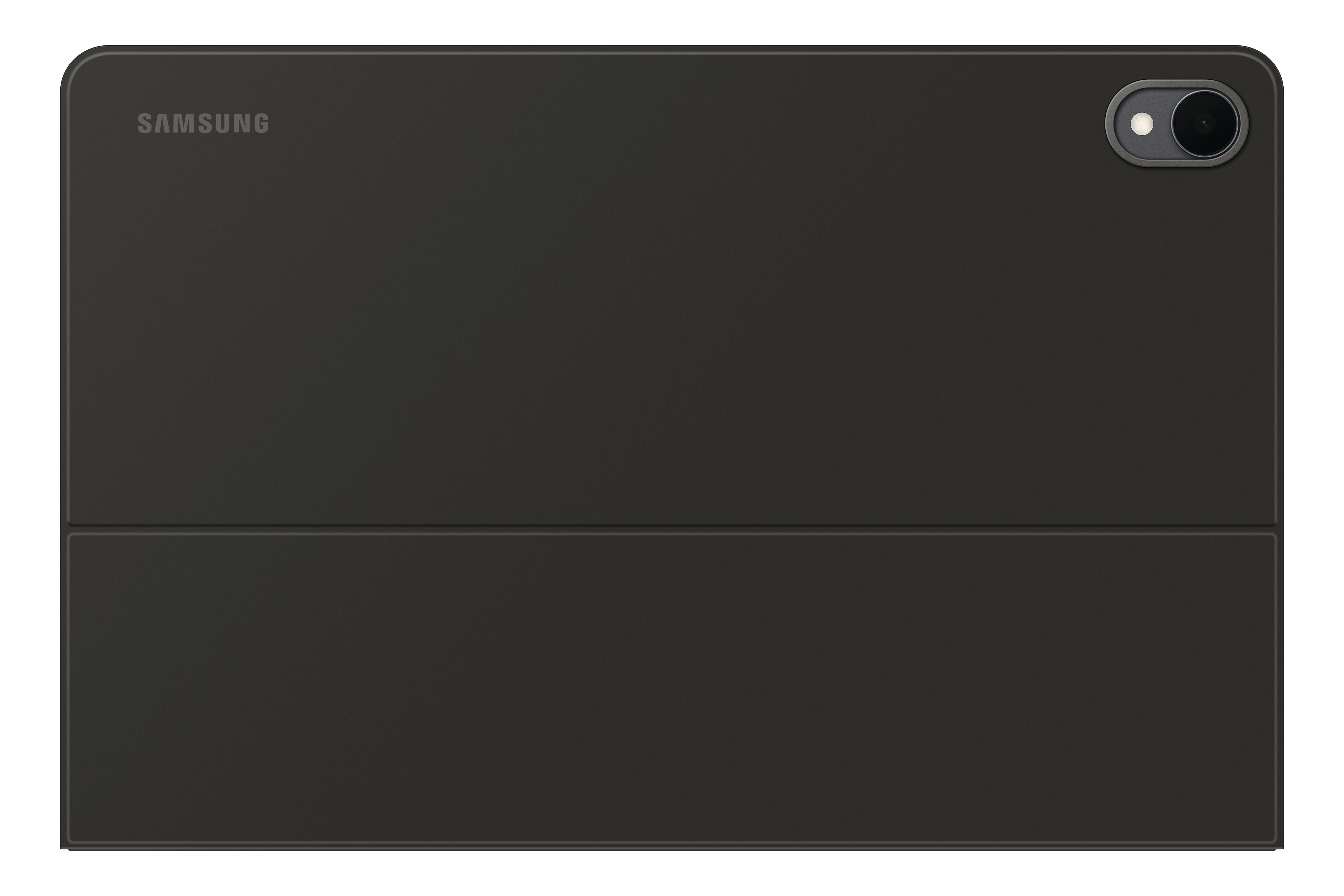 Ein schwarzes Samsung-Tablet mit einer Kamera in der oberen rechten Ecke. Das Tablet ist in der Mitte gefaltet.