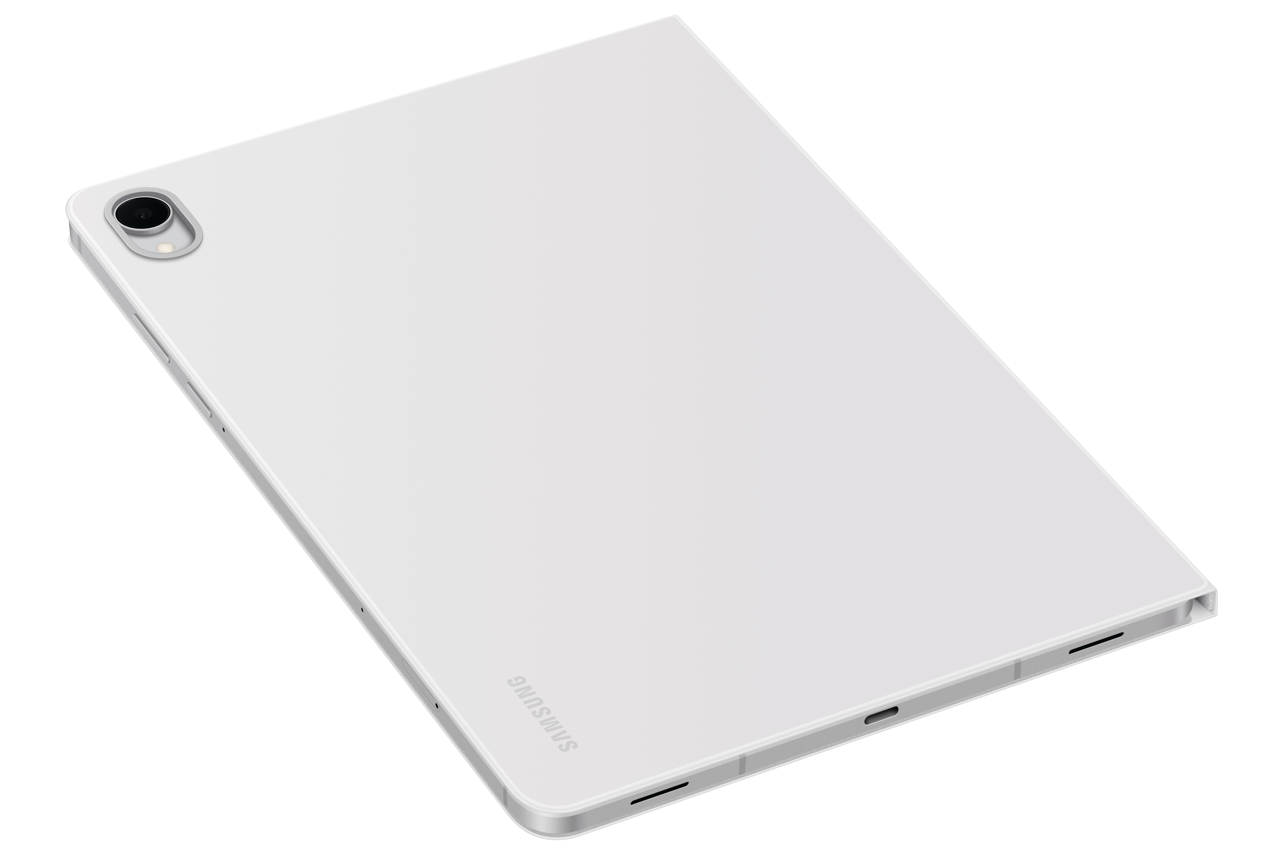 Ein weißes Samsung-Tablet, Rückansicht, mit einer Kamera oben links. Das Samsung-Logo ist unten.