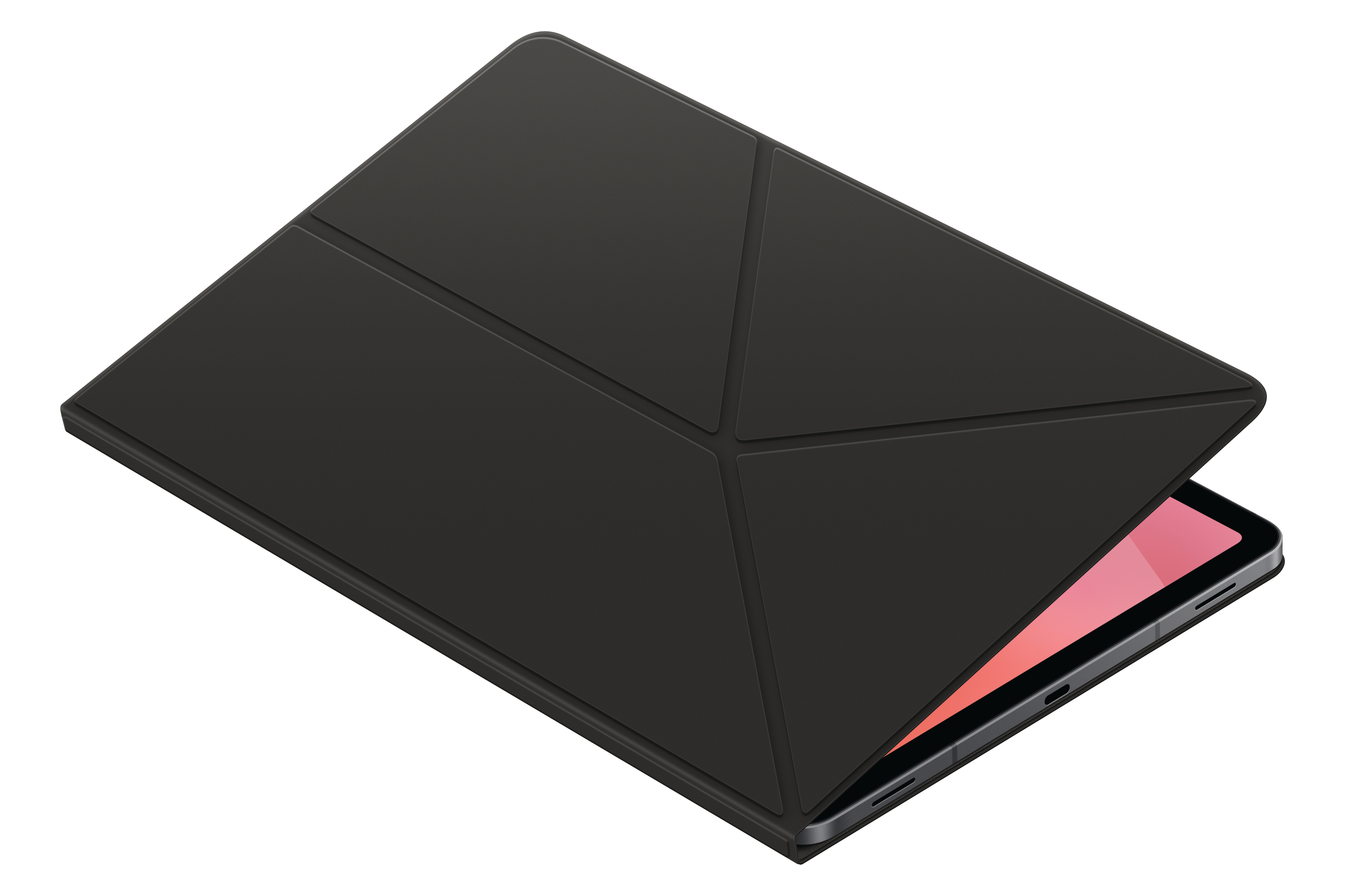 Ein schwarzes Tablet mit zusammengeklappter Hülle. Der Bildschirm ist rosa. Der Hintergrund ist weiß.