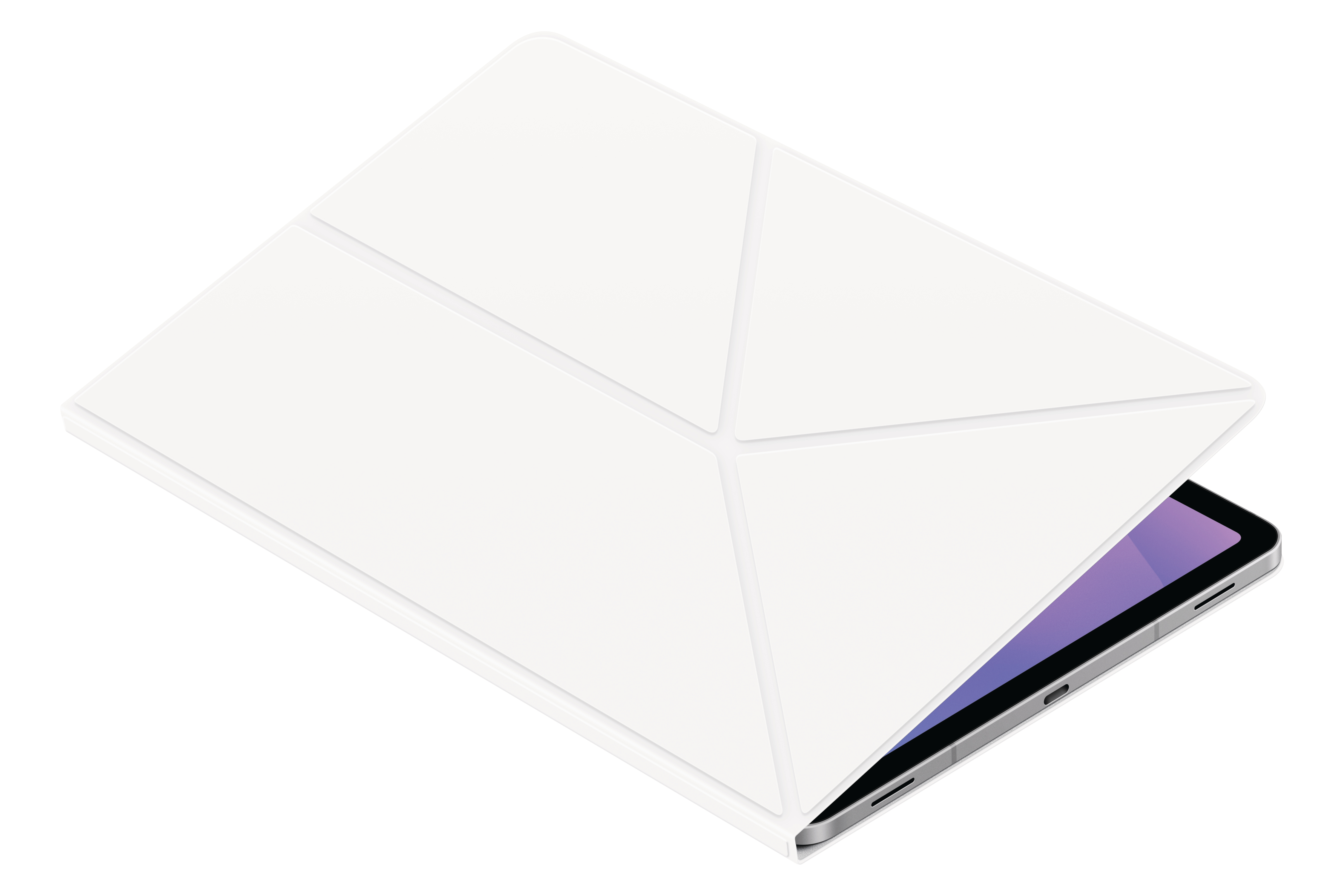 Eine weiße Tablethülle, die teilweise geöffnet ist und einen Tablet-Bildschirm freigibt. Die Hülle ist geometrisch. Das Tablet ist silber.