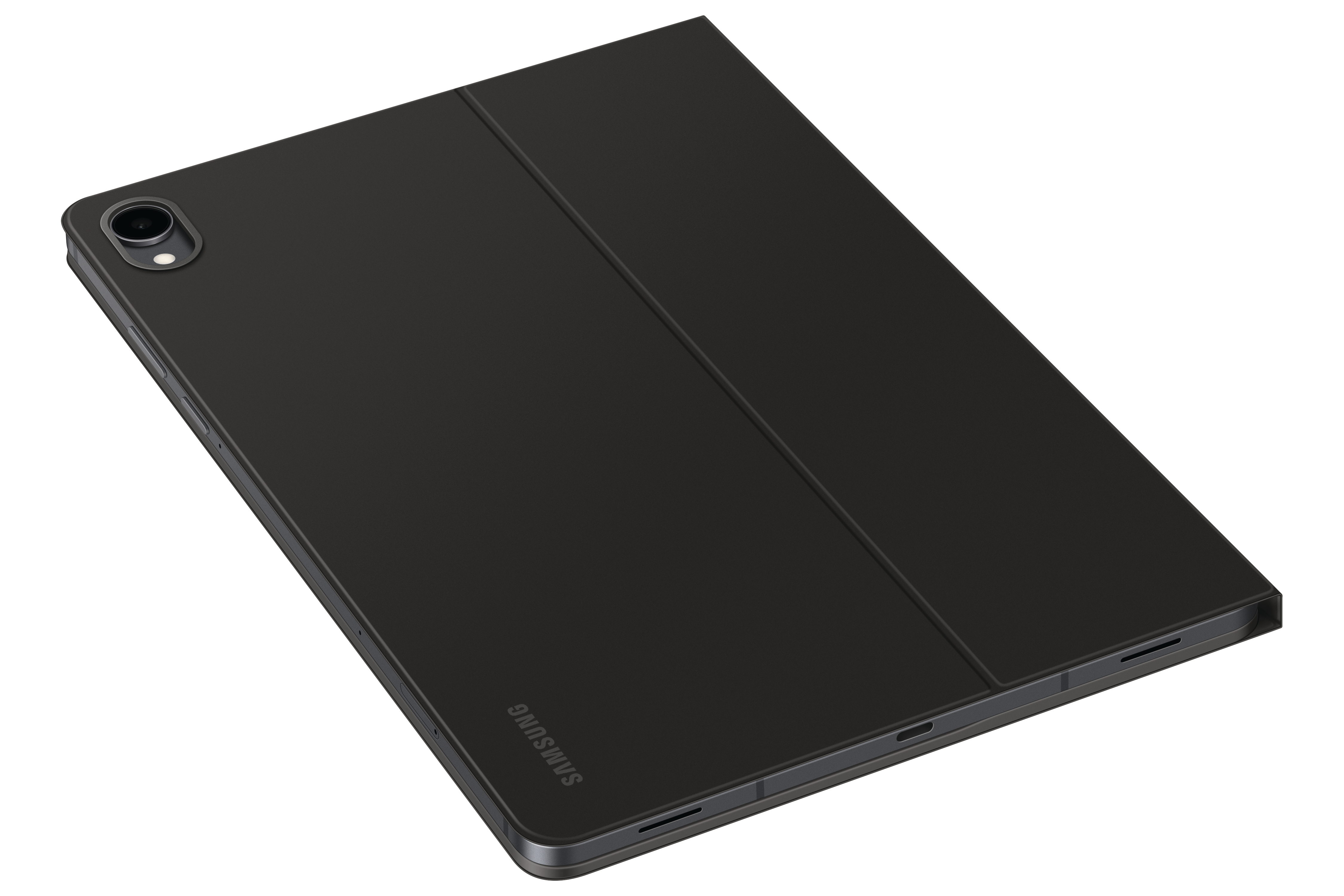 Dunkelgraues Tablet mit Hülle. Das Samsung-Logo ist sichtbar. Das Tablet befindet sich auf weißem Hintergrund. Oben ist eine Kamera.