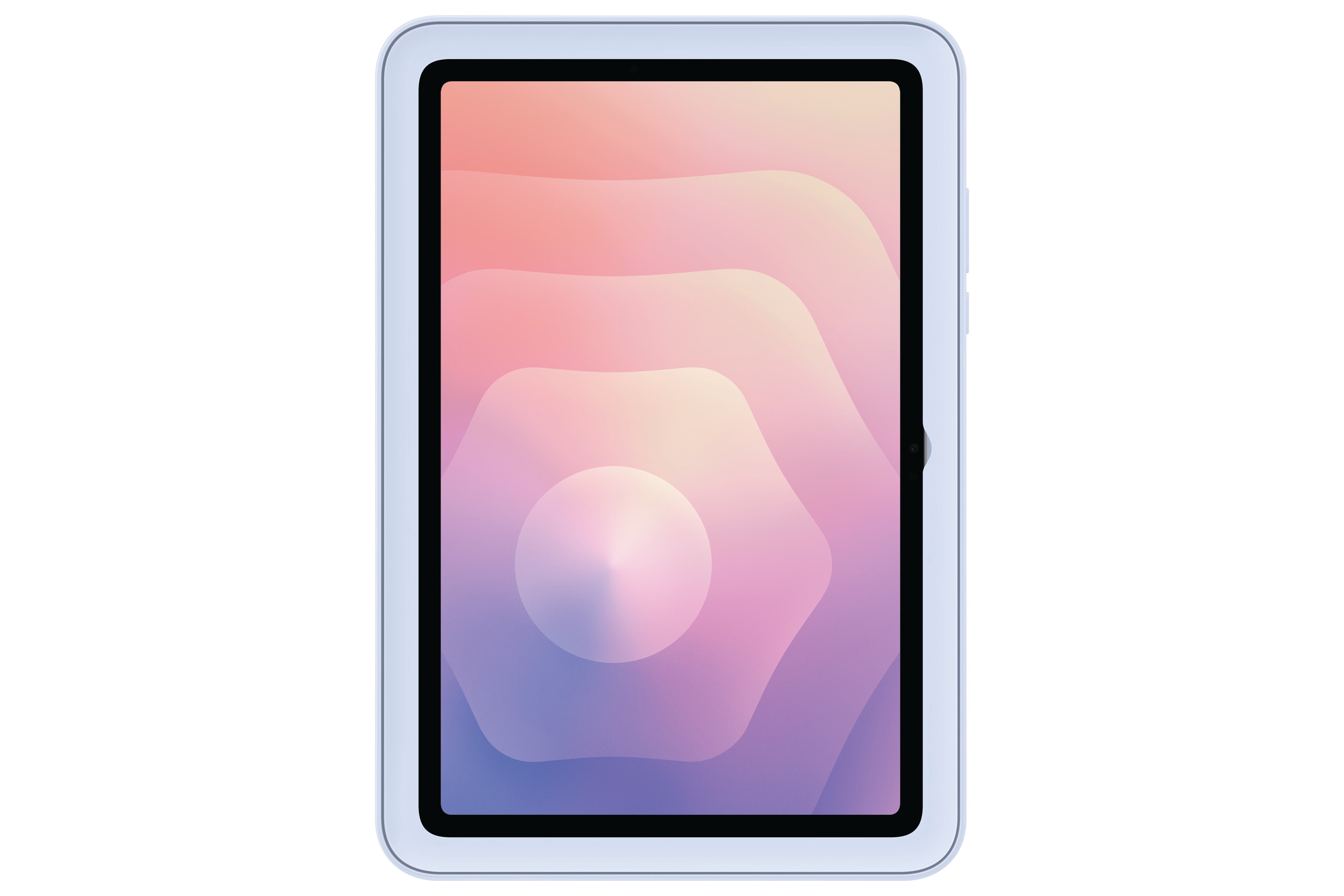 Ein Tablet mit einem Farbverlauf von Pink nach Lila. Es hat einen weißen Rahmen und befindet sich auf weißem Hintergrund.
