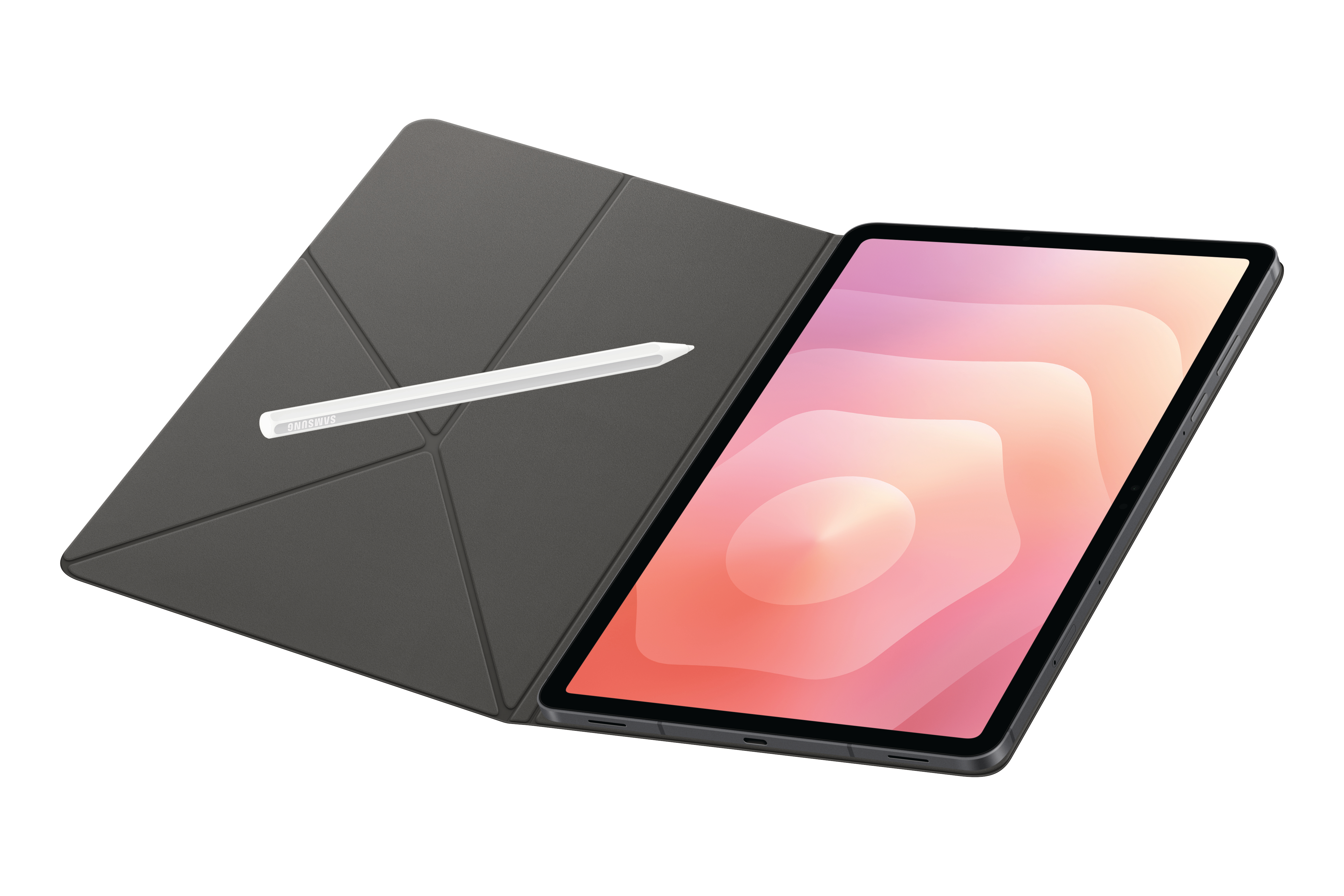 Tablet mit pink-weißem Bildschirm, grauer Hülle und weißem Stift. Die Hülle ist teilweise geöffnet.