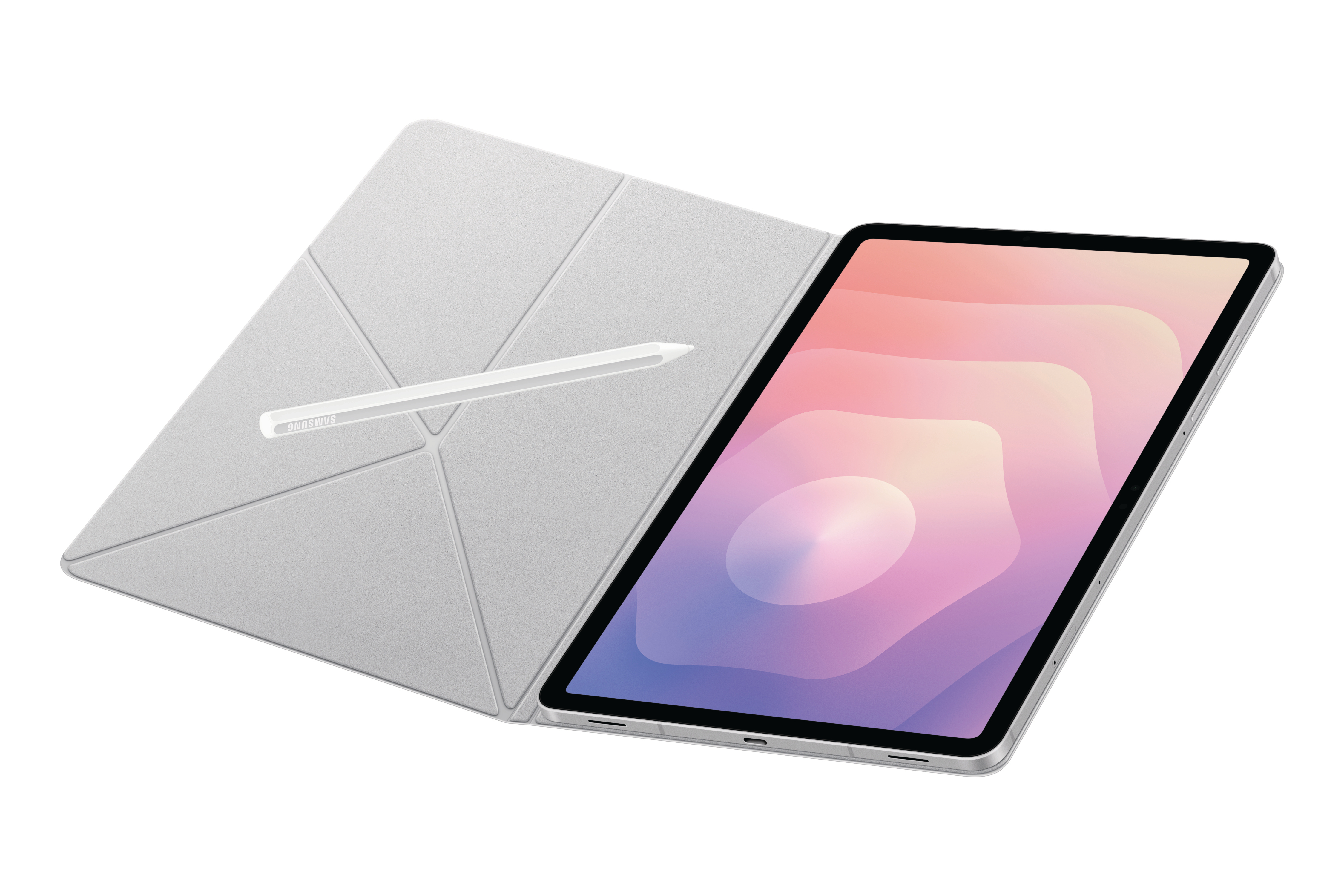 Ein Tablet mit weißem Stift und grauem Cover ist geöffnet. Der Bildschirm zeigt ein farbenfrohes abstraktes Bild.