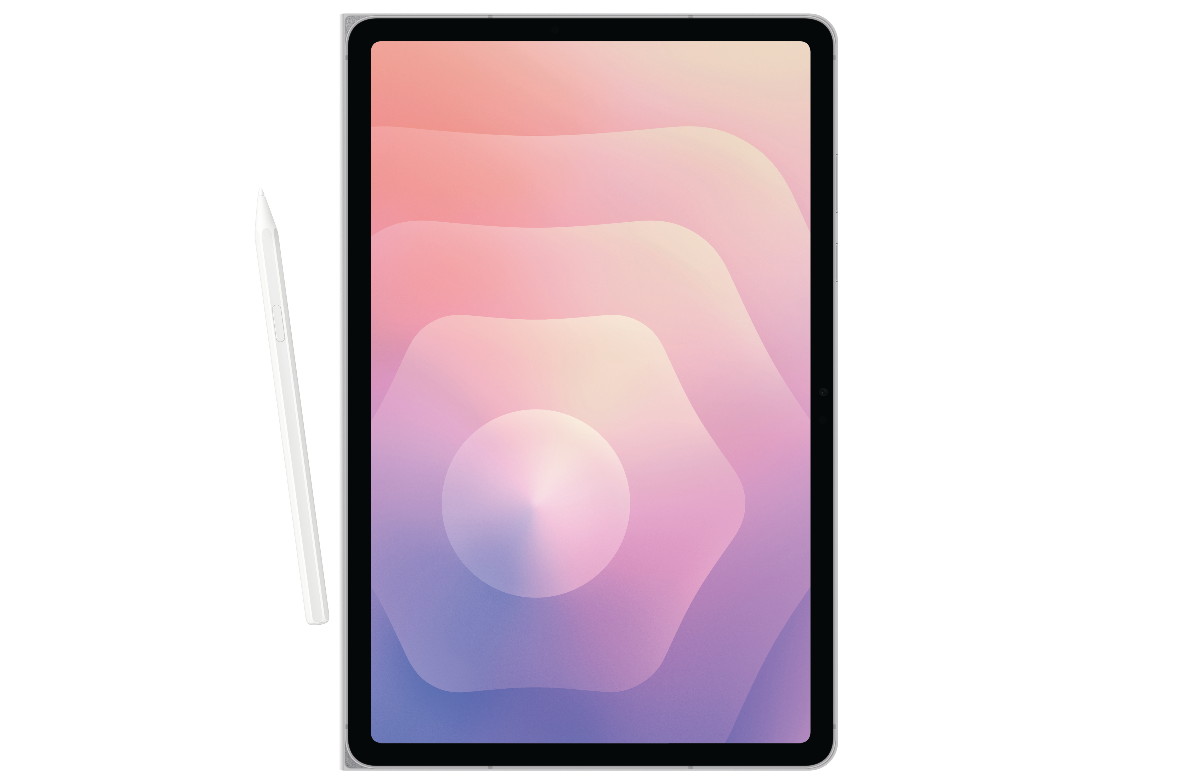 Ein Tablet mit farbigem Gradientenbildschirm und einem weißen Stift auf weißem Hintergrund.