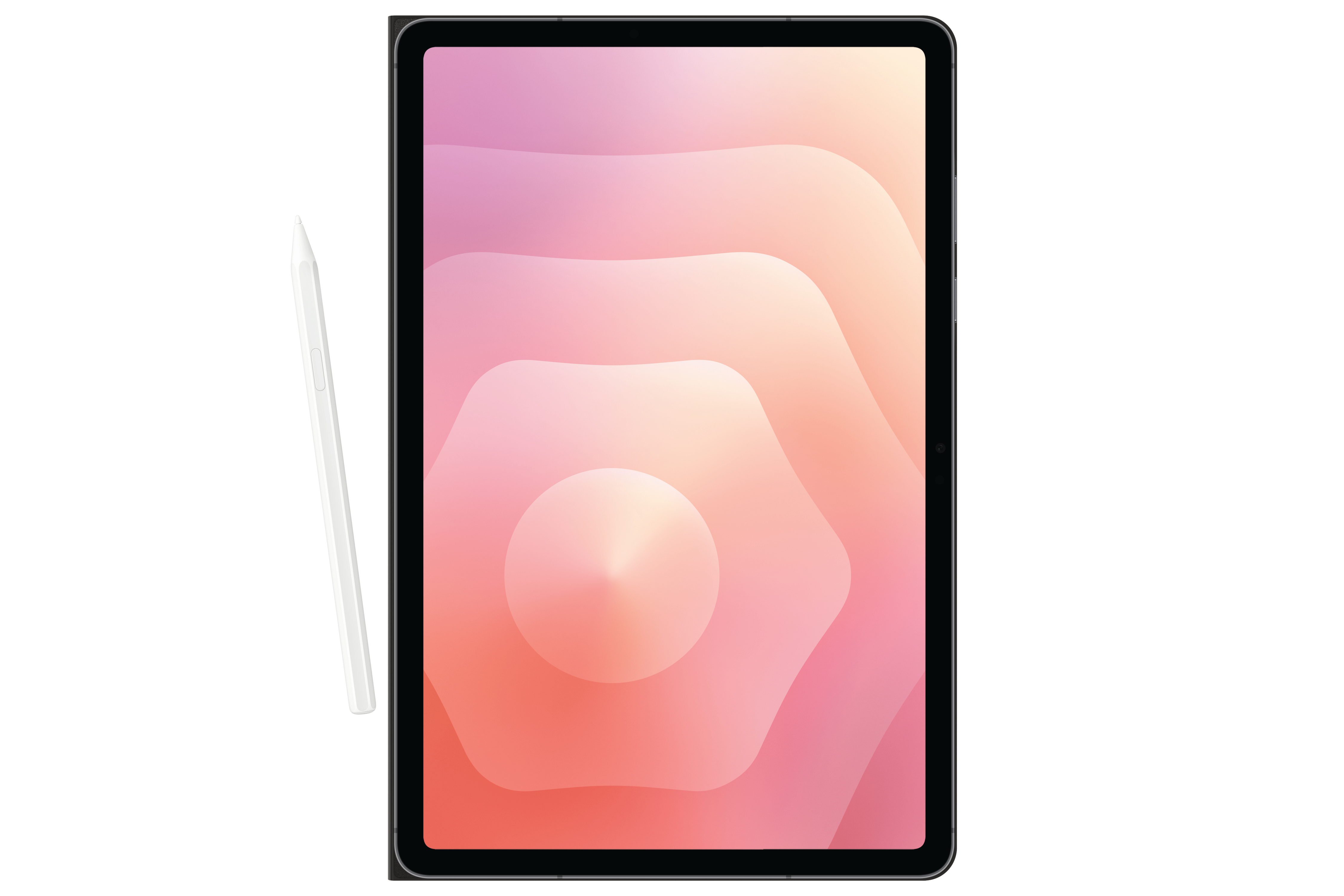 Ein iPad Pro mit farbenfrohem Display und weißem Stift. Der Hintergrund ist weiß.