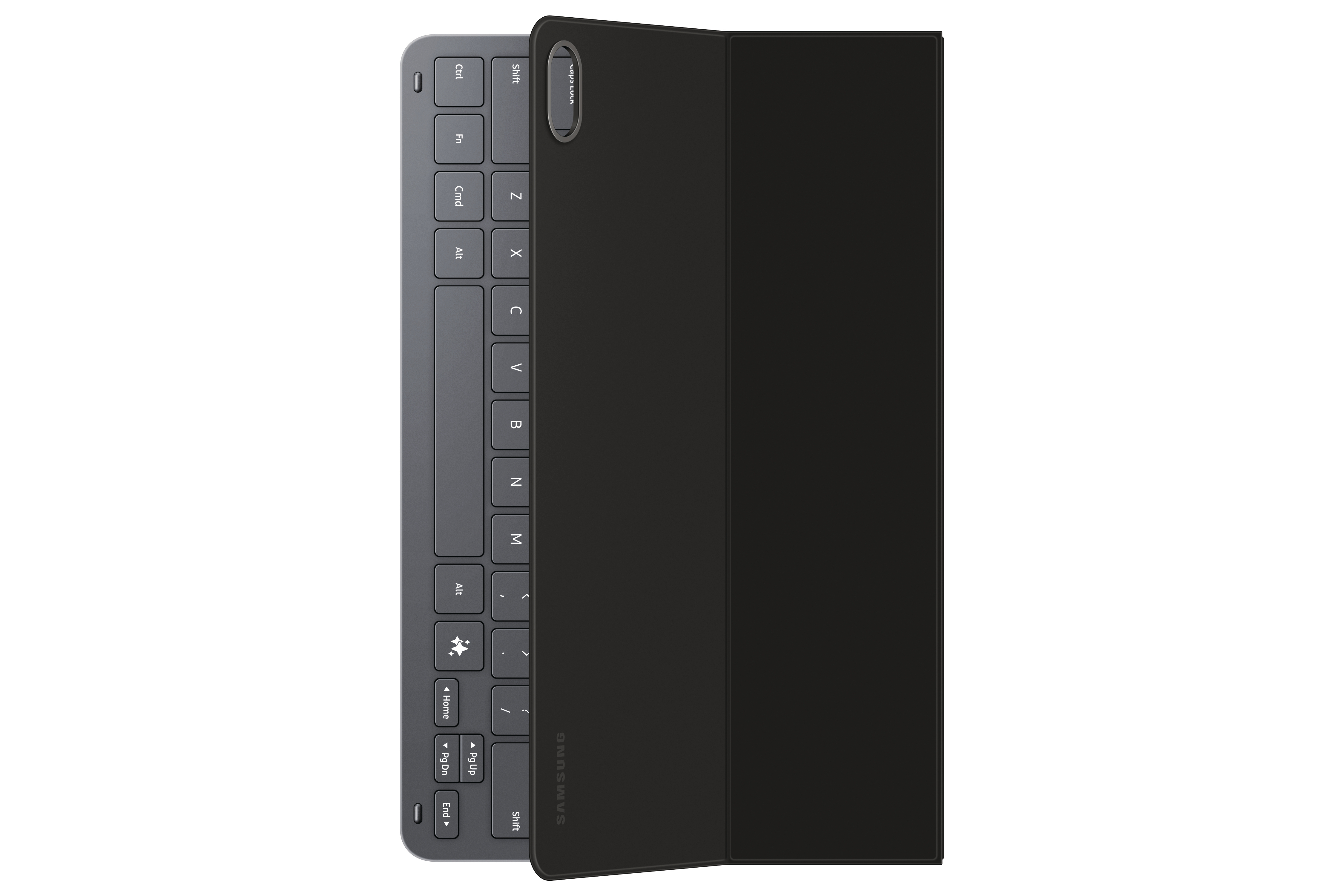 Eine dunkelgraue Tastatur, teilweise von einer schwarzen Hülle bedeckt. Die Tastatur hat weiße Buchstaben und Symbole. Die Hülle ist ein festes Rechteck.