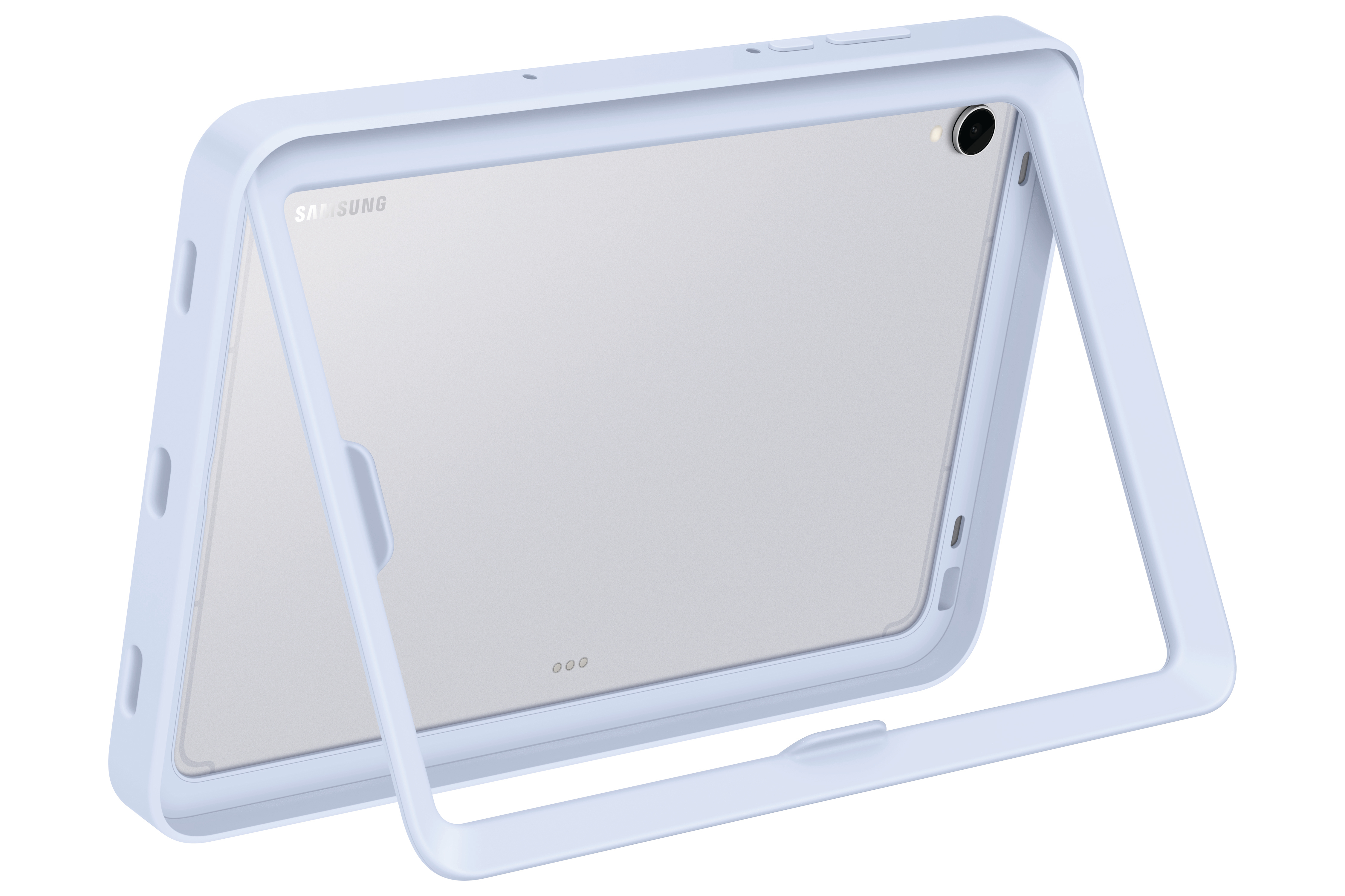 Ein hellblaues Samsung-Tablet in einer Schutzhülle. Die Hülle ist ebenfalls hellblau, mit Kamera und Knöpfen sichtbar.