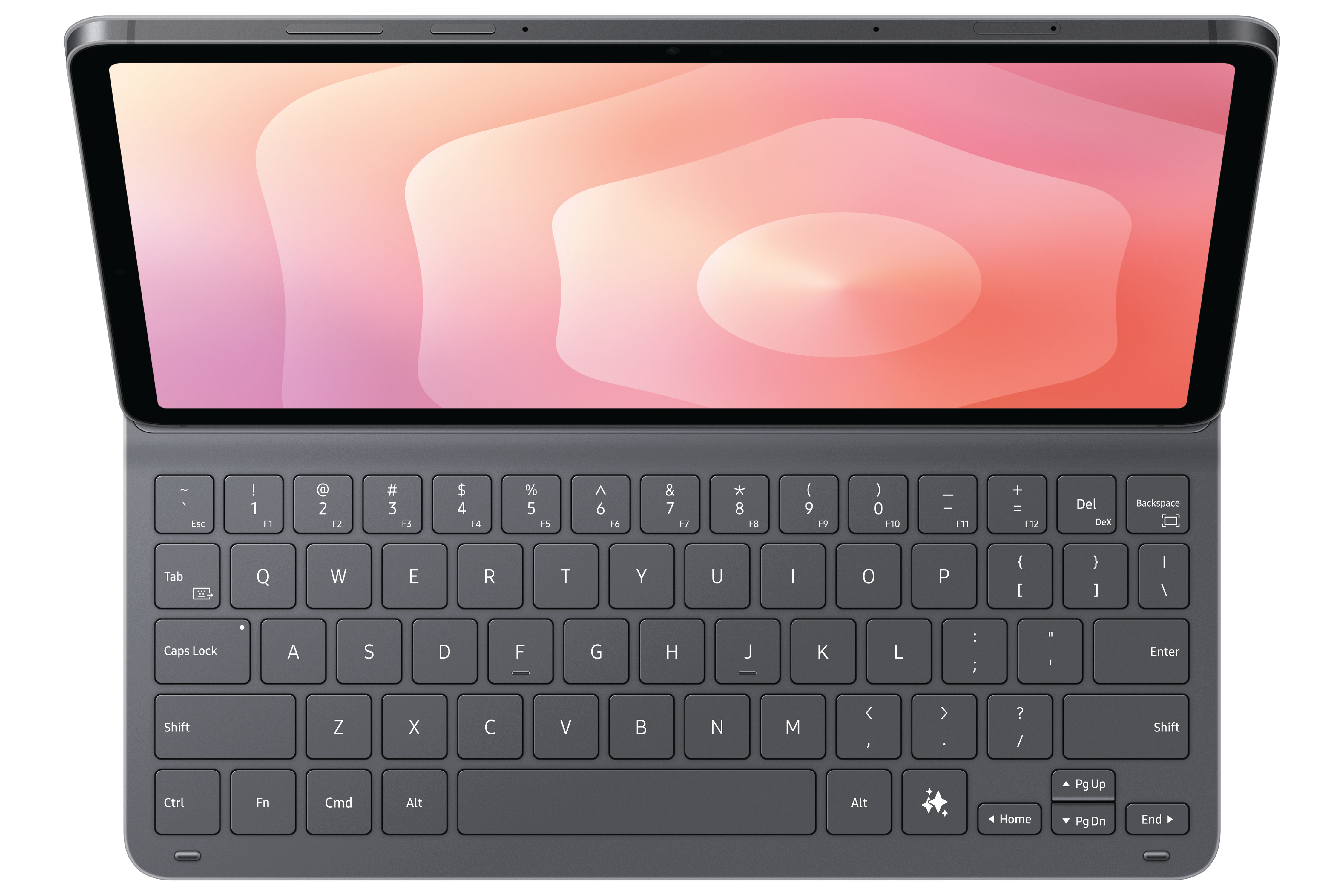 Ein Tablet mit abnehmbarer Tastatur. Der Bildschirm zeigt einen abstrakten, rosa-orangenen Hintergrund.
