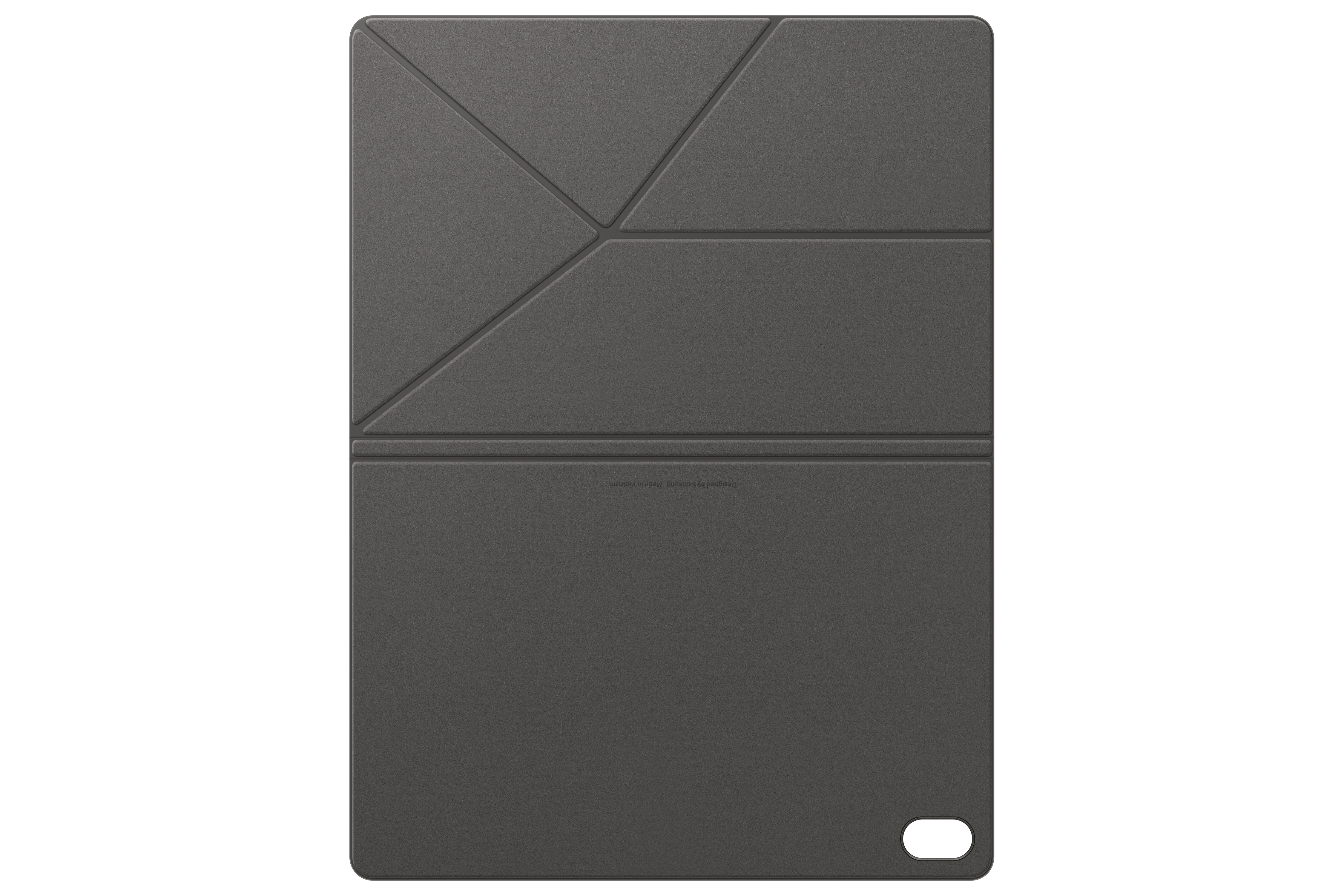 Dunkelgraue Tablet-Hülle mit strukturierter Oberfläche. Sie hat geometrische Faltlinien und einen Ausschnitt für eine Taste.