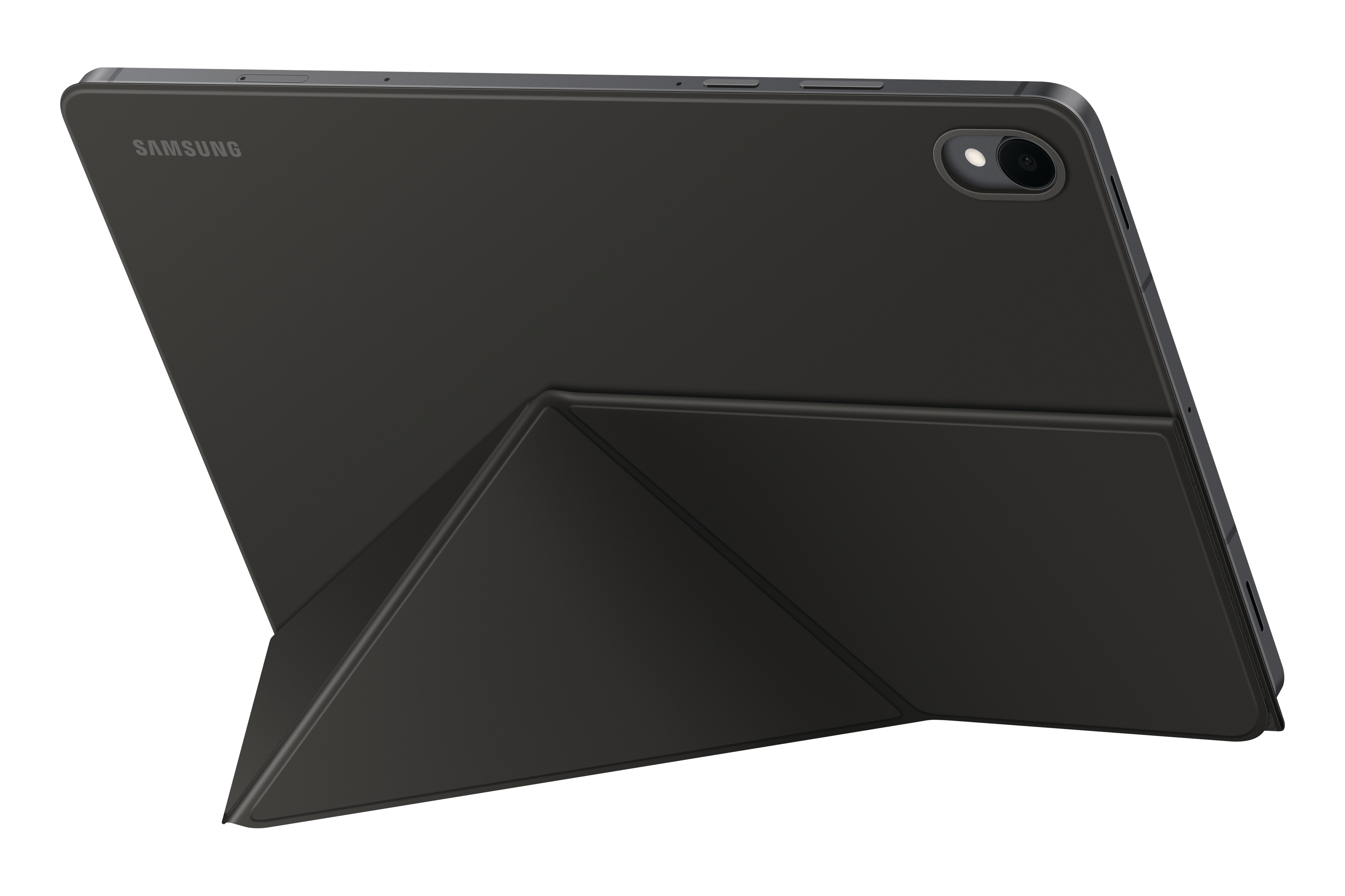 Ein schwarzes Tablet mit einer Hülle, die sich zu einem Ständer zusammenfalten lässt. Das Samsung-Logo ist sichtbar. Der Hintergrund ist weiß.