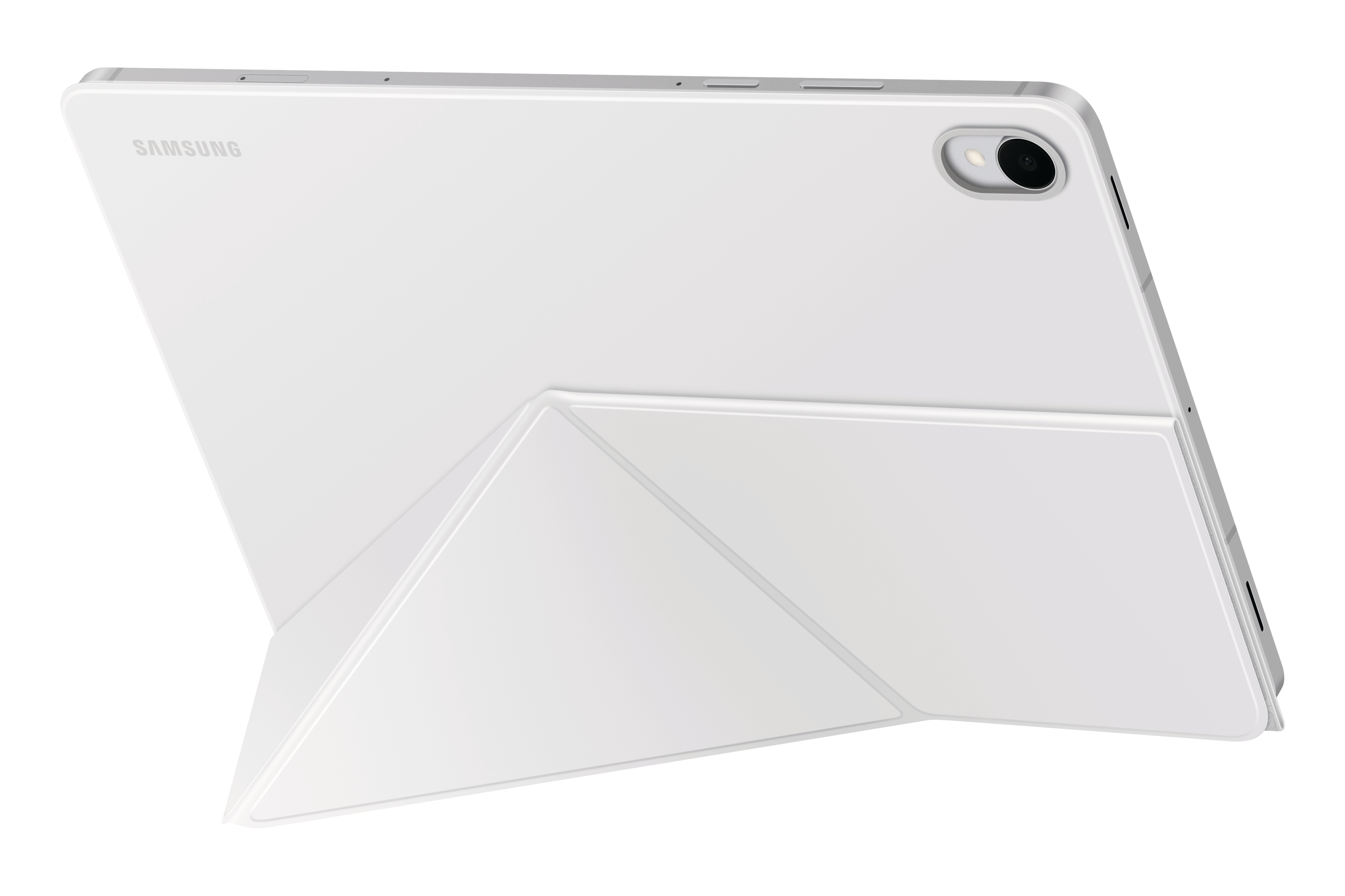 Ein weißes Tablet mit weißer Hülle, die es stützt. Das Samsung-Logo ist sichtbar. Das Tablet hat eine Kamera.