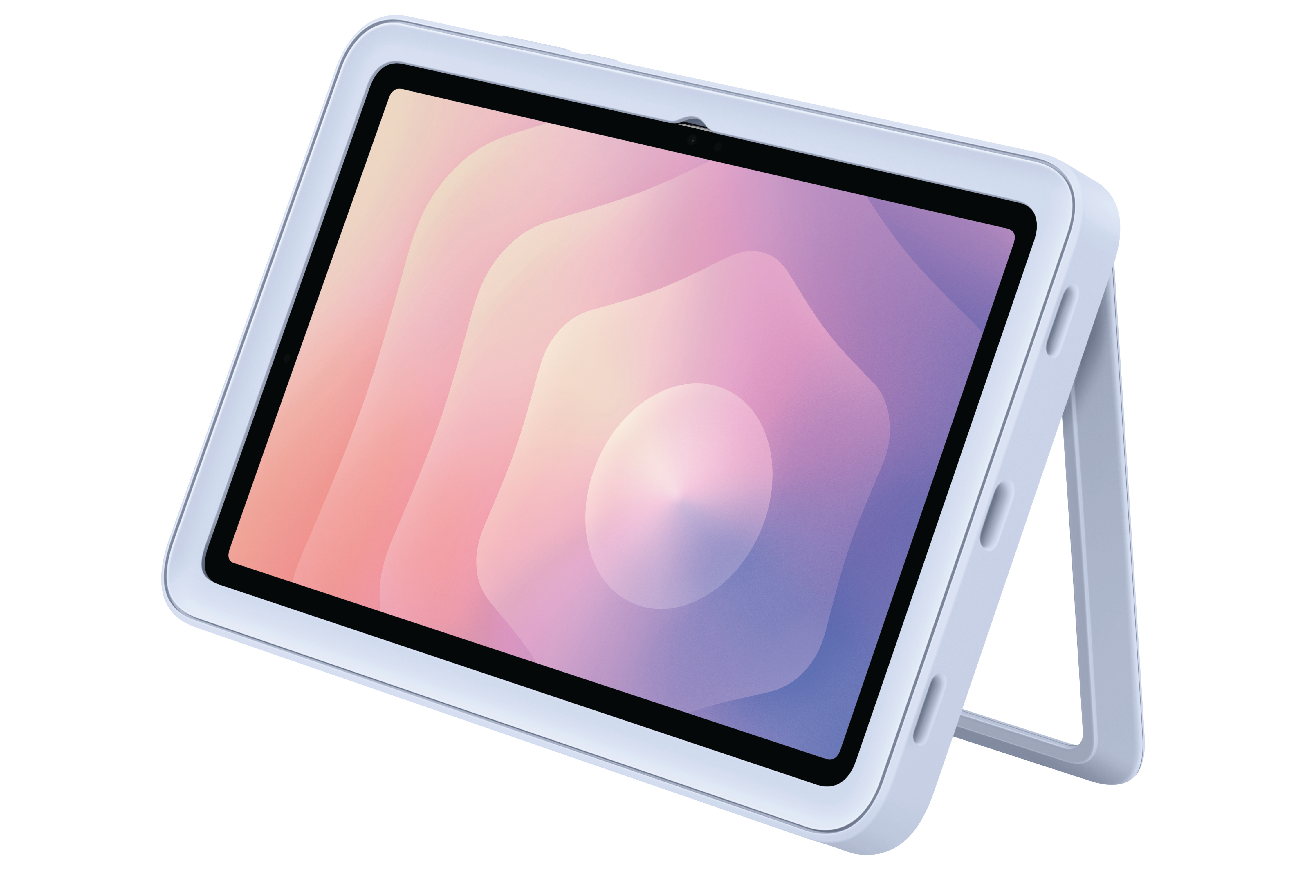 Ein Tablet in einem weißen Gehäuse. Der Bildschirm zeigt ein farbenfrohes, abstraktes Design mit geschichteten Formen in Rosa, Lila und Weiß.