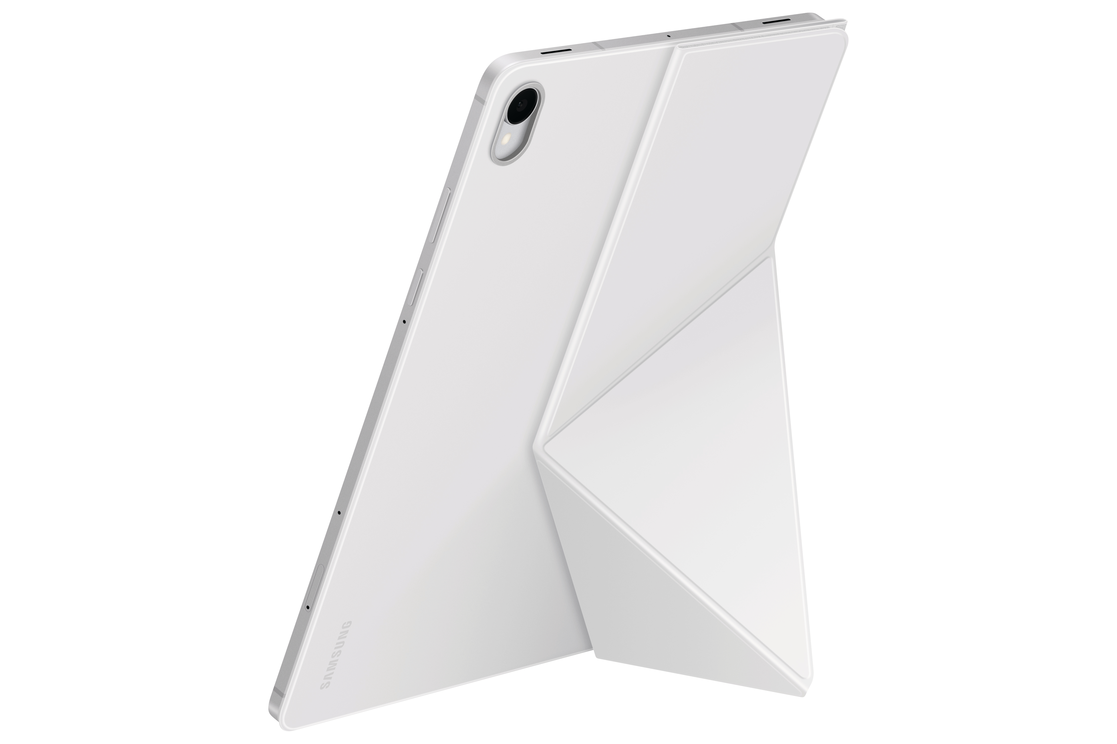 Ein weißes Tablet mit weißer Hülle ist aufgestellt. Das Tablet hat eine Kamera und das Samsung-Logo.